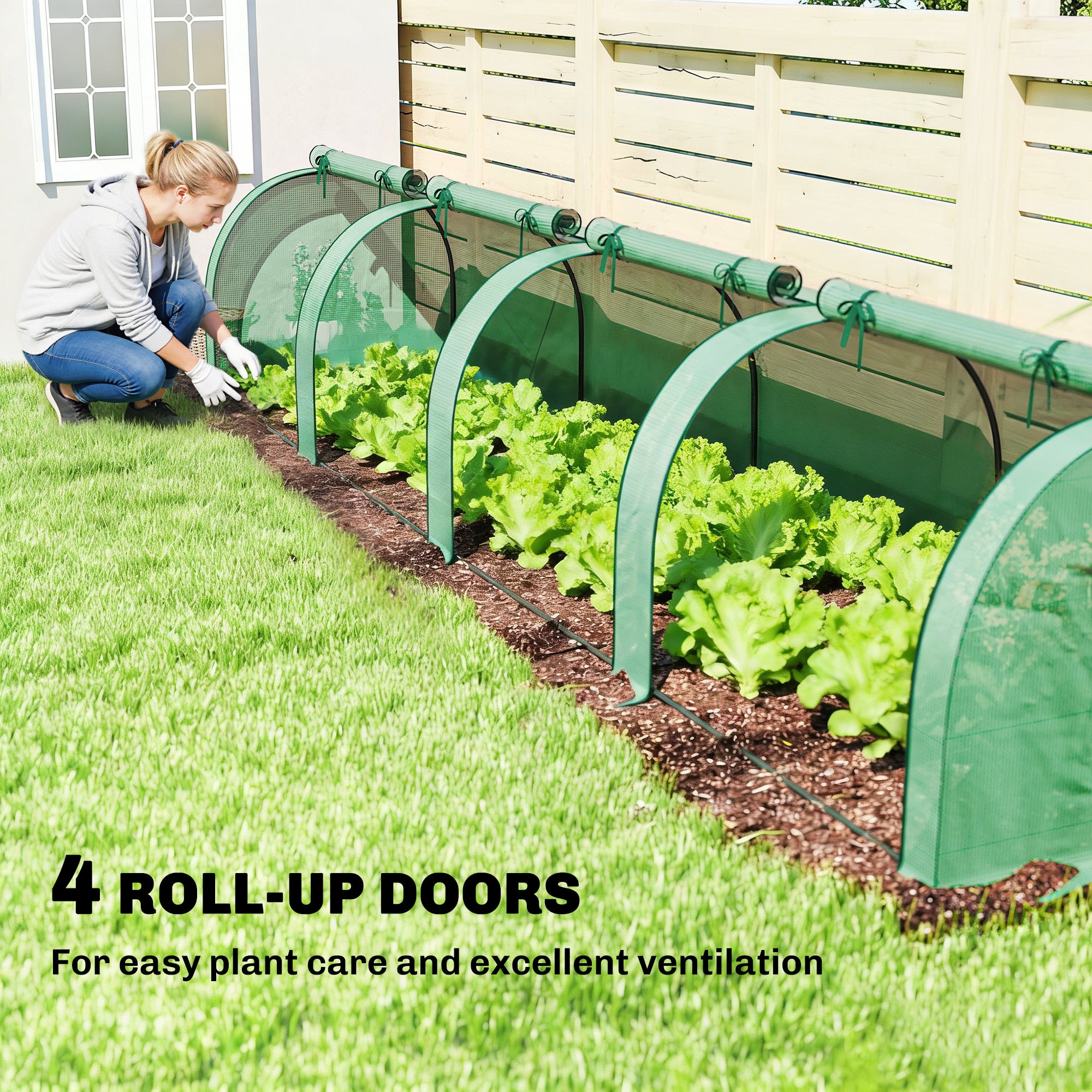 Mini Greenhouse, Portable Greenhouse with 4 Roll-Up Doors, PE Cover, 177.2" x 39.4" x 31.5", Green