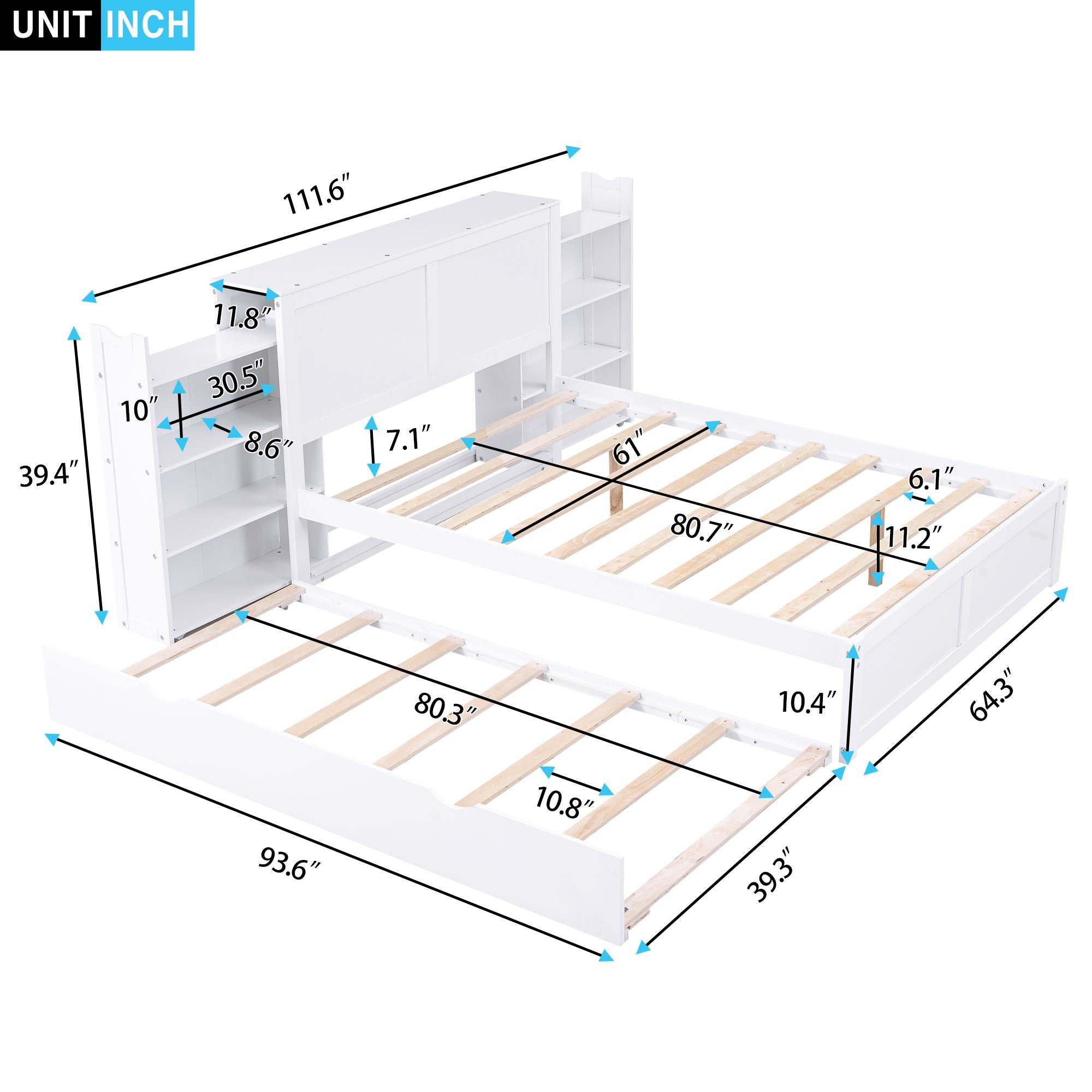Queen Size Storage Platform Bed with Pull Out Shelves and Twin XL Trundle, Solid Wood and MDF, 111.5" L x 93.5" W x 39.5" H, White