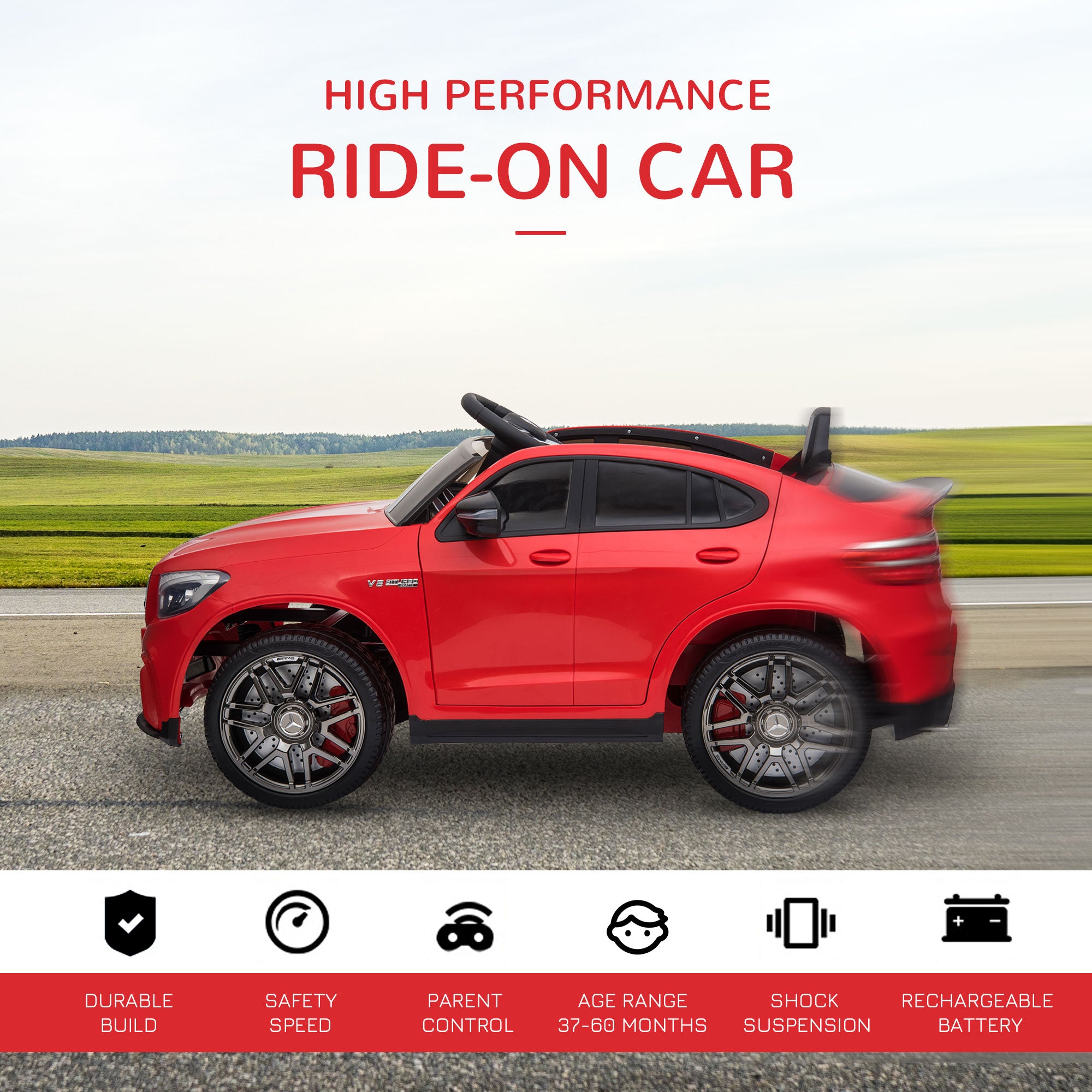 12V Toddler Ride On Car with Remote Control, AMG GLC63S Coupe, Electric Car with 2 Speed, MP3 Player, Light, Horn, Songs, Suspension, Red
