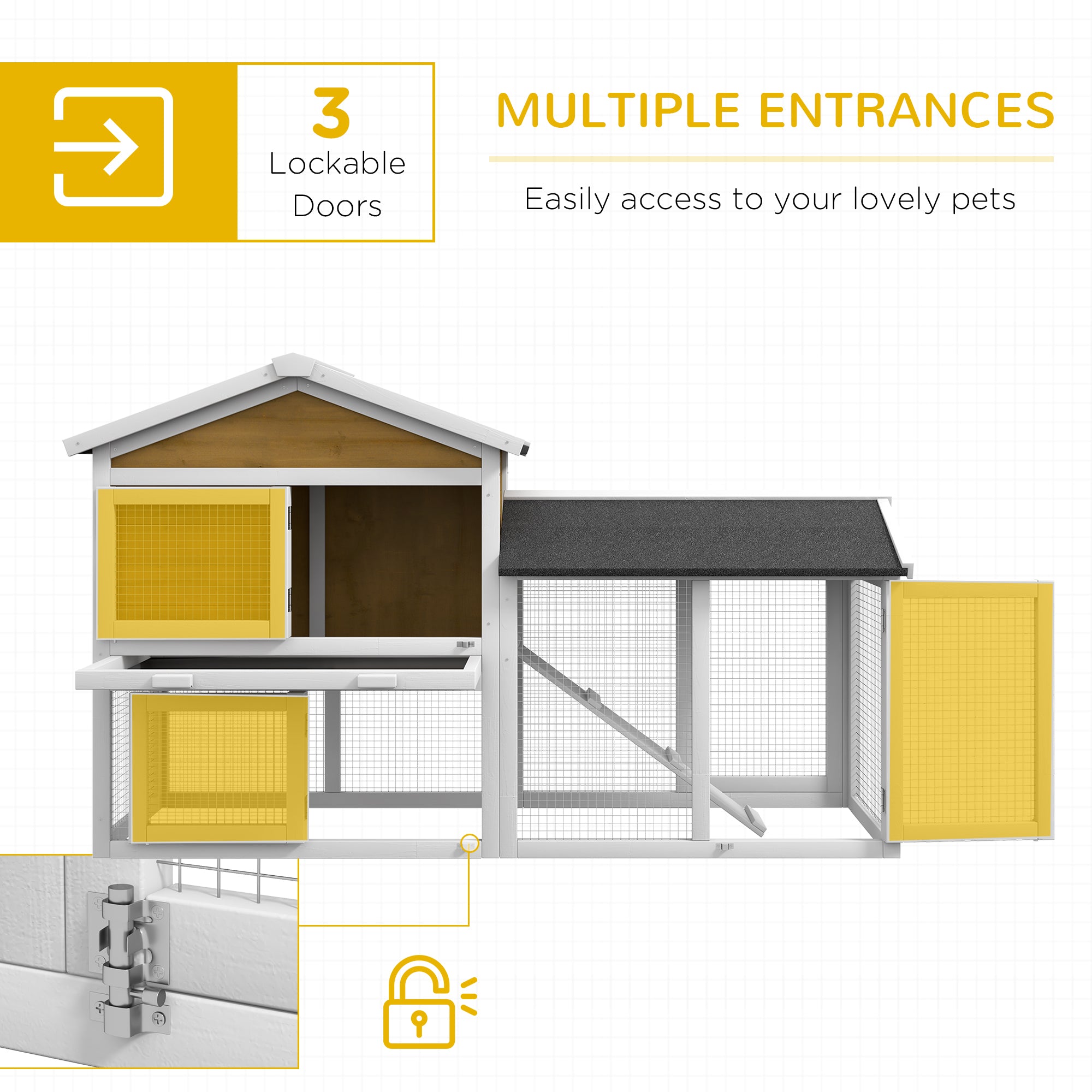 58" Wooden Rabbit Hutch with Run, Removable Tray, Asphalt Roof, Lockable Doors and Ramp, Nature Wood
