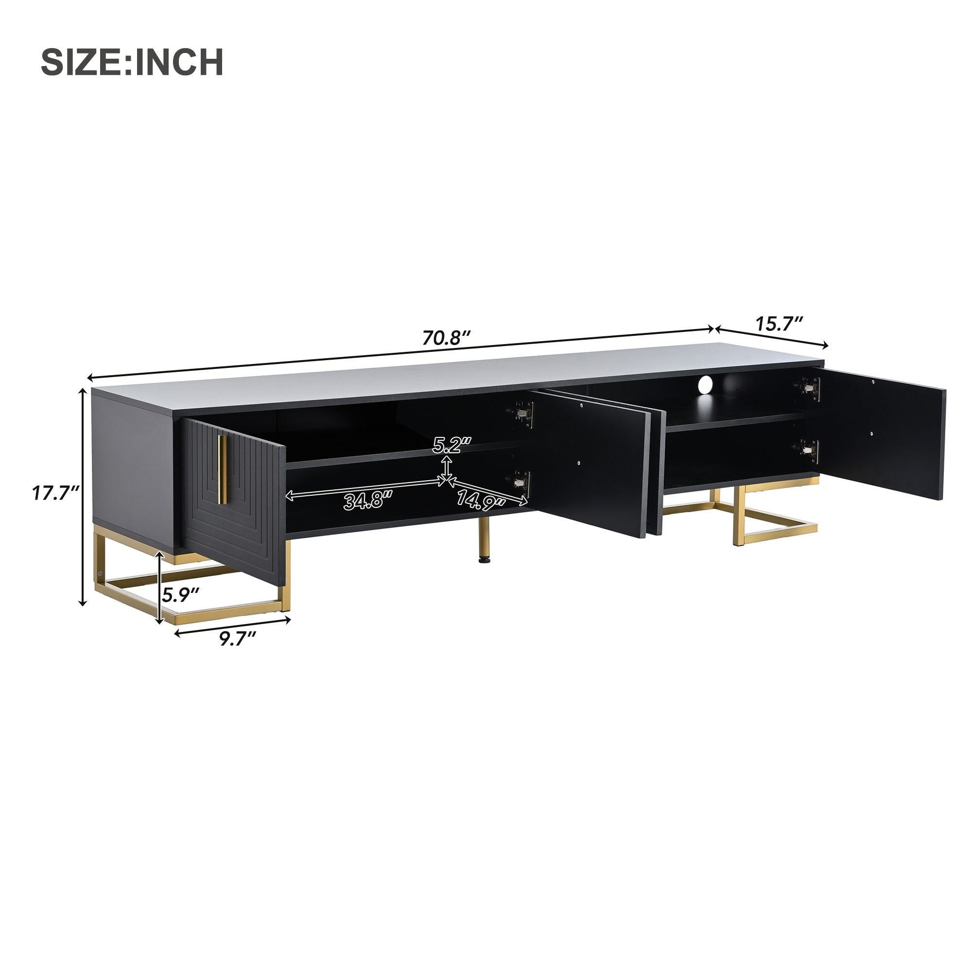 Modern TV Stand with Metal Legs and Gold Handles for TVs Up to 80", Media Console Table with Cabinets and Adjustable Shelves, Black+Gold