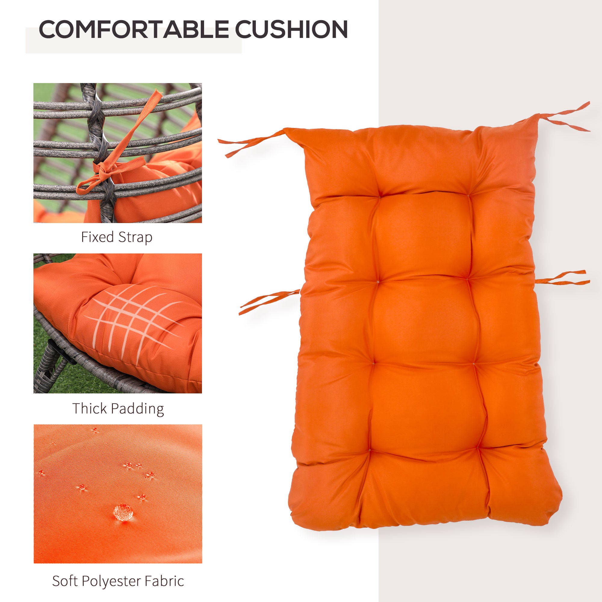 Patio Wicker Egg Chair w/ Soft Cushion, Teardrop Cuddle Seat, Outdoor / Indoor Patio Chair, PE Plastic Rattan Furniture with Adjustable Height Feet Pads, Orange