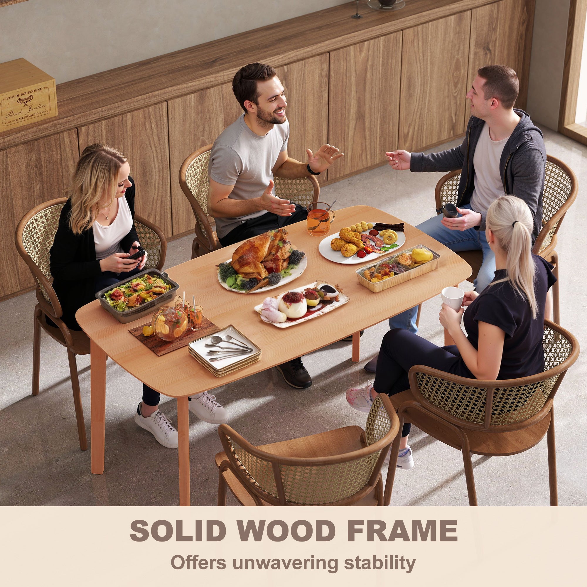 Pine Wood Dining Table for 6, 59" Rustic Rectangular Kitchen Table with Large Tabletop for Dining Room, Natural