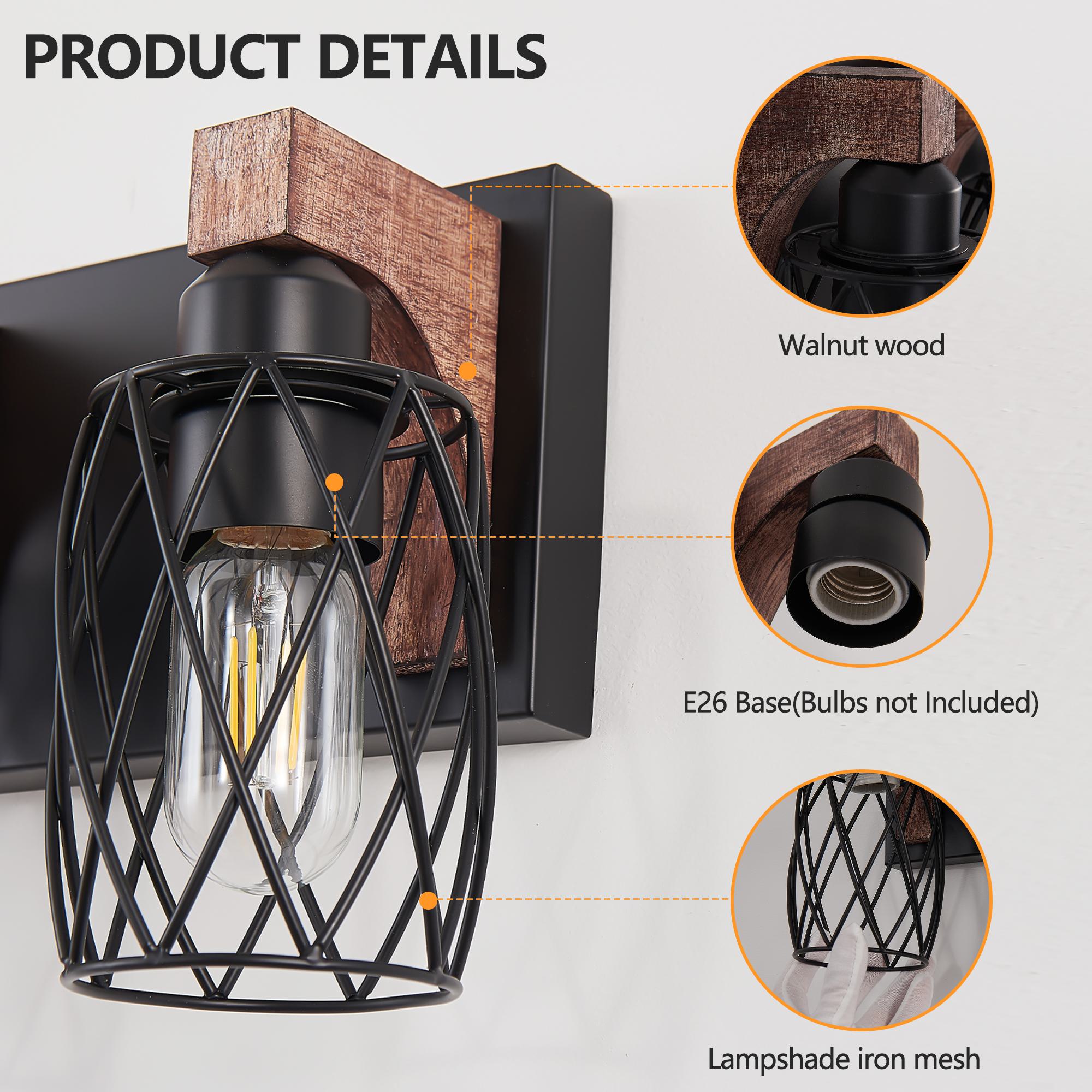 31" Industrial Vintage 5-Light Wall Sconce with Wooden Accents, Cage Fixture for Hallway, Living Room, 31" L x 6" W x 8.5" H, Walnut+Black