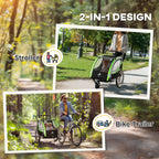 2-in-1 Walk/Ride Child Baby Bike Trailer for Kids 2 Seater, High-Visibility Bike Stroller for Toddler Wagon, Weather-Strong Double Bicycle Trailer Accessory, Green