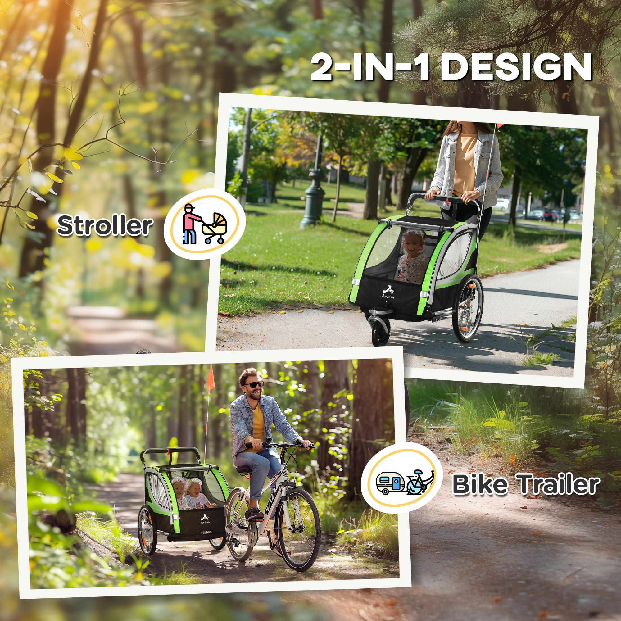 2-in-1 Walk/Ride Child Baby Bike Trailer for Kids 2 Seater, High-Visibility Bike Stroller for Toddler Wagon, Weather-Strong Double Bicycle Trailer Accessory, Green