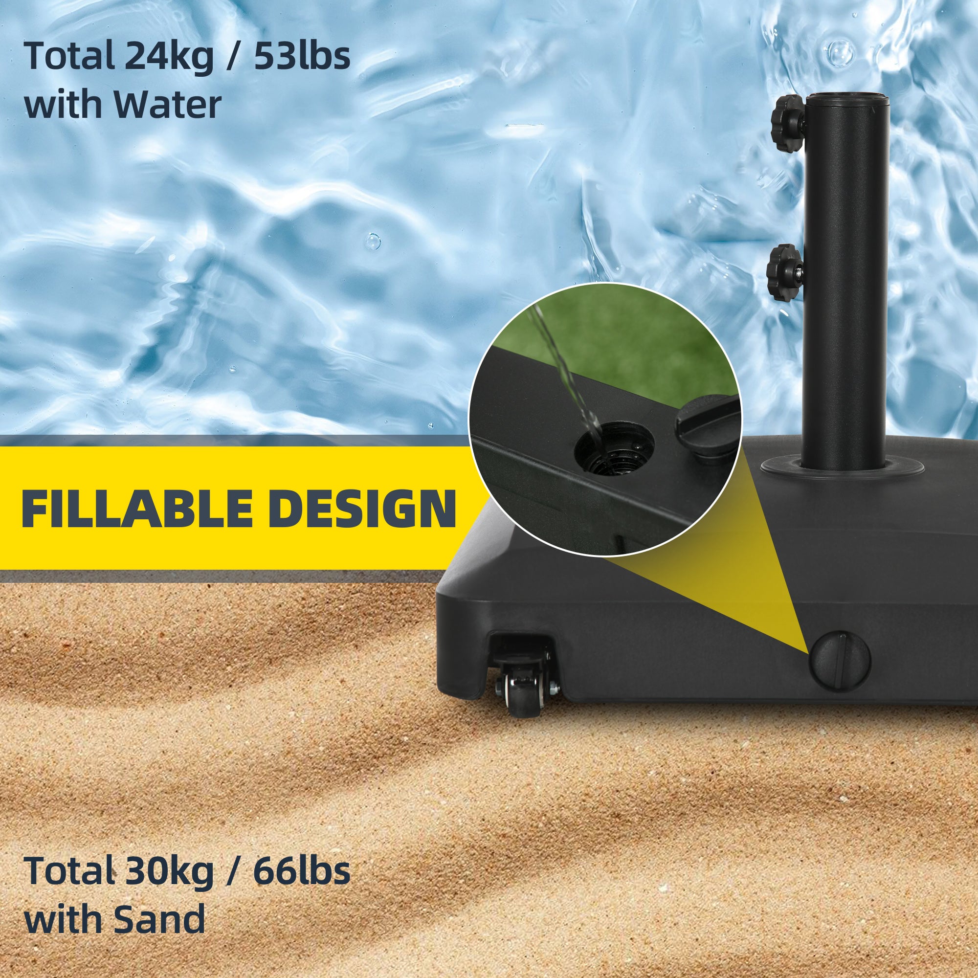 Patio Umbrella Base with Wheels, 53lbs Water or 66lbs Sand Filled, Heavy Duty Outdoor Umbrella Stand Holder, Black