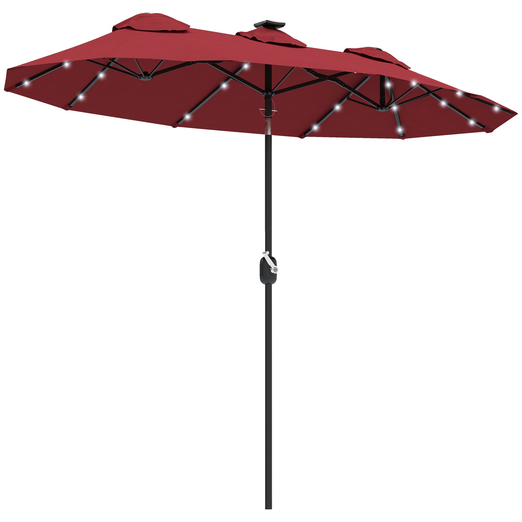 Double-sided Patio Umbrella, 9.7' Outdoor Umbrella with Tilt and Crank, LED Solar Light and 12 Ribs, Wine Red