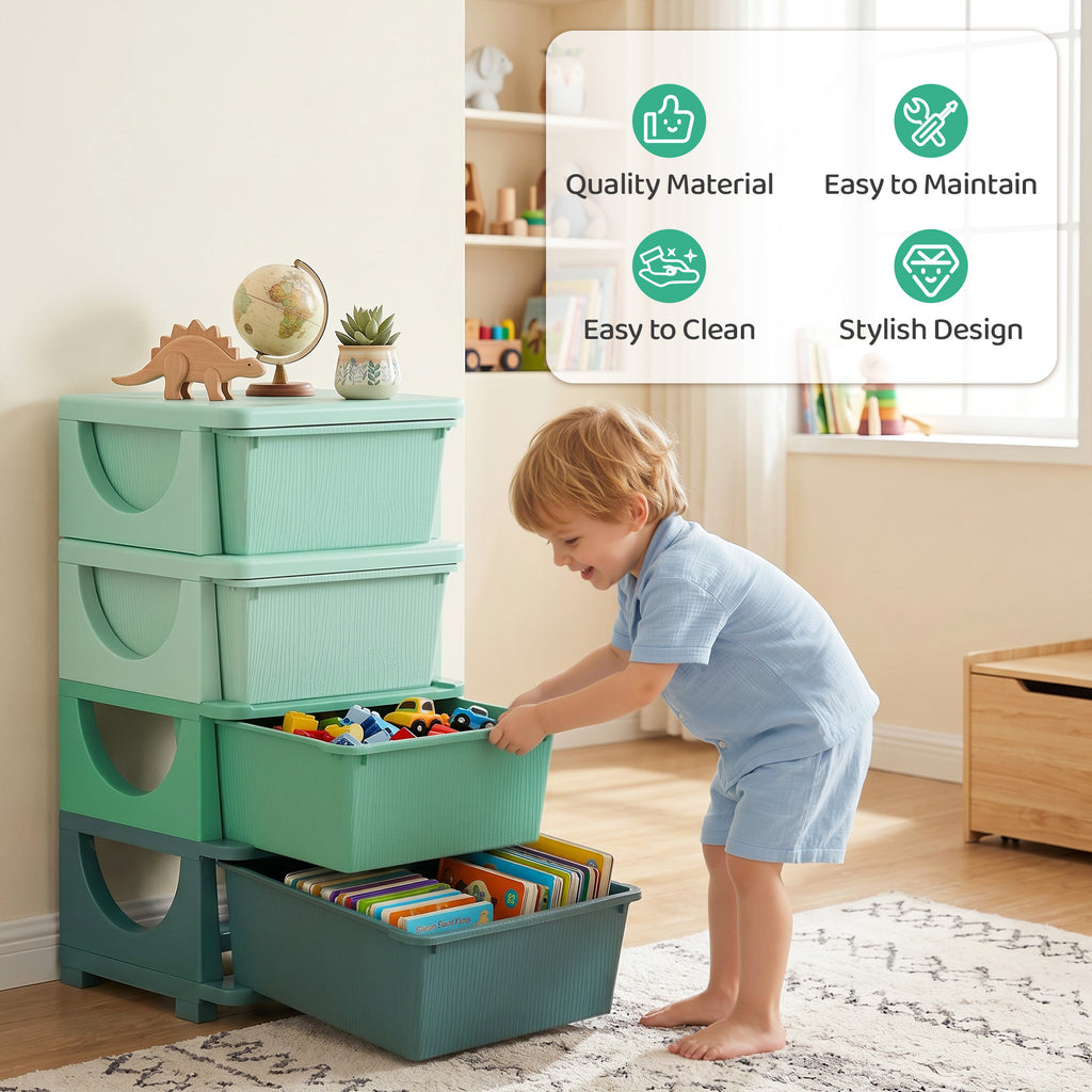 4 Tier Kids Storage Unit, Toy Organizers and Storage with 4 Drawer for Bedroom Nursery Living Room for Boys Girls Green