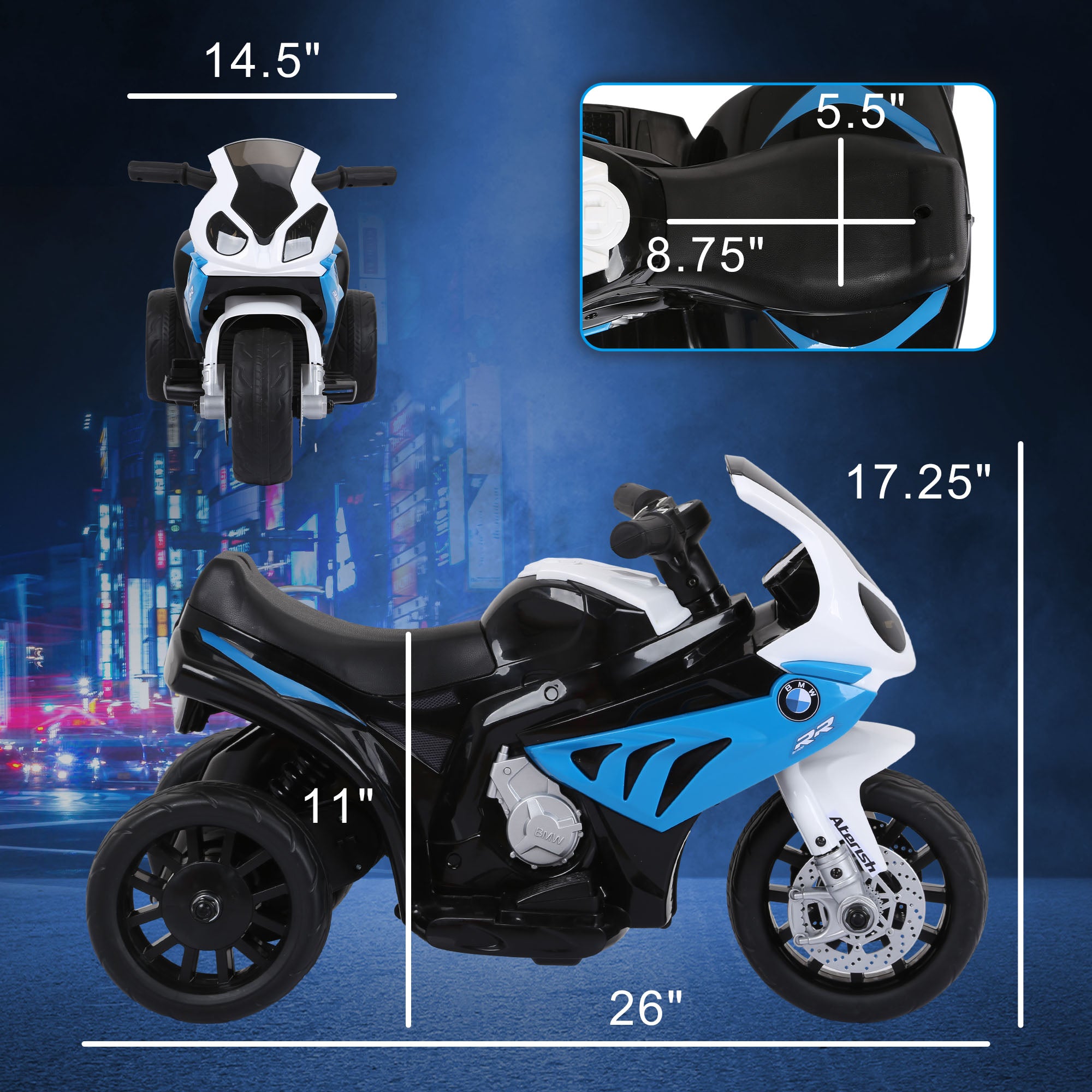 6V 3 Wheeled Electric Motorcycle, Kids Motorcycle Licensed with Headlight, Music, Blue