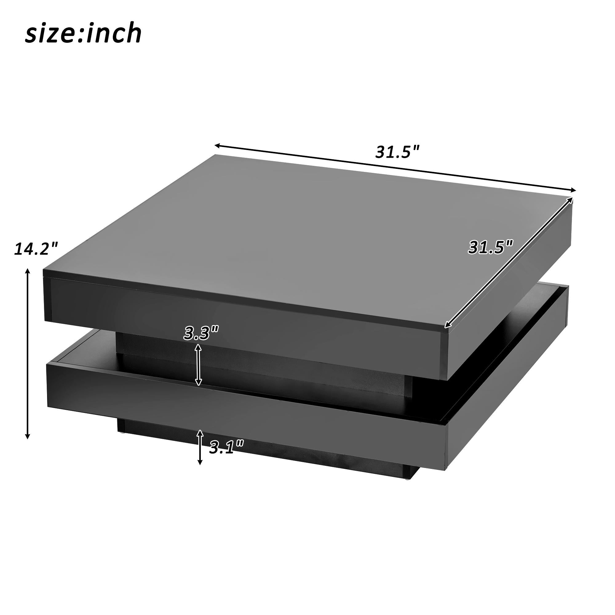 High Gloss Minimalist Coffee Table with LED Lights, 2-Tier Square Center Table for Living Room, 31.5" L x 31.5" W x 14" H, Black