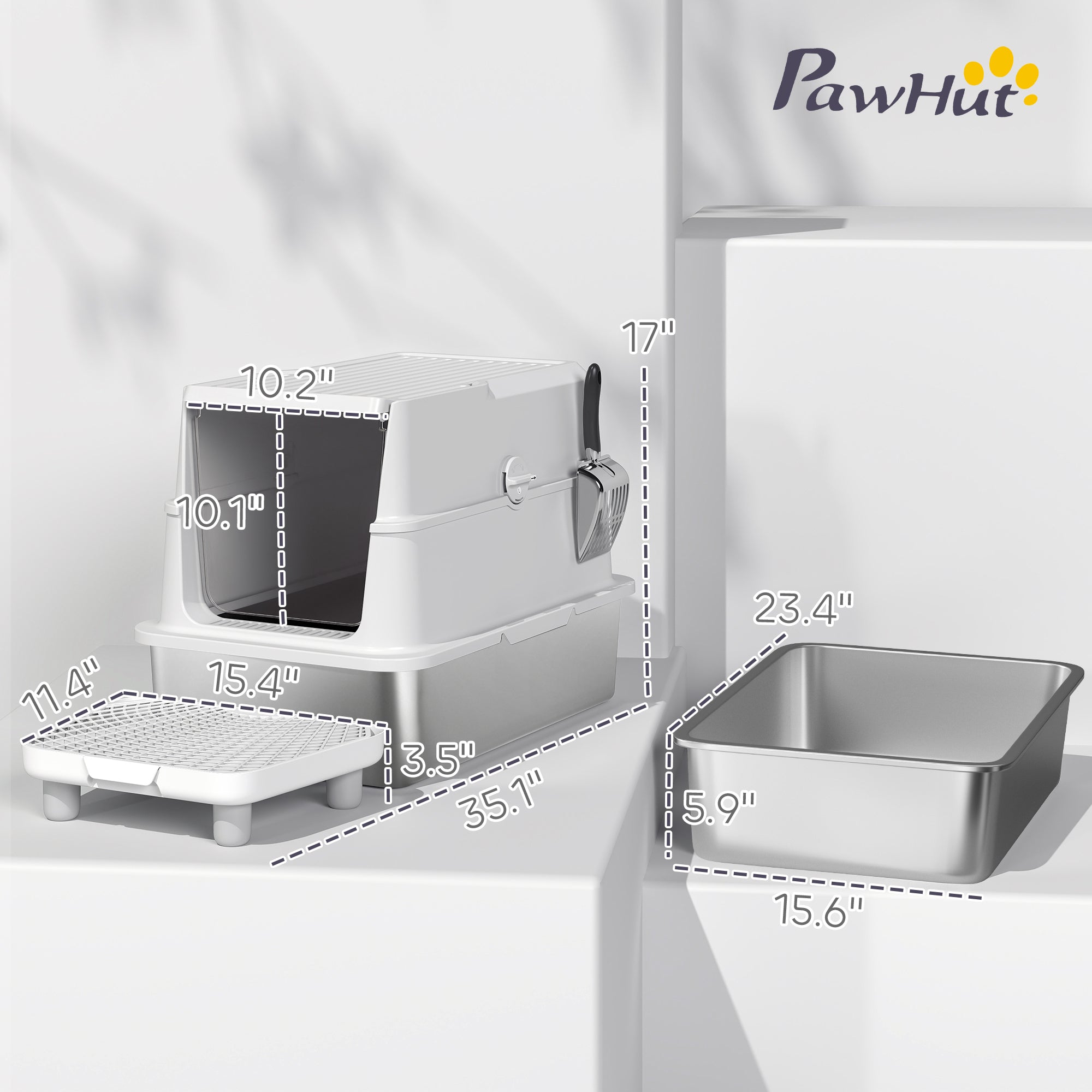 Extra Large Stainless Steel Cat Litter Box for Big Cats with Flip Cover, High-Sided Enclosure & Scoop