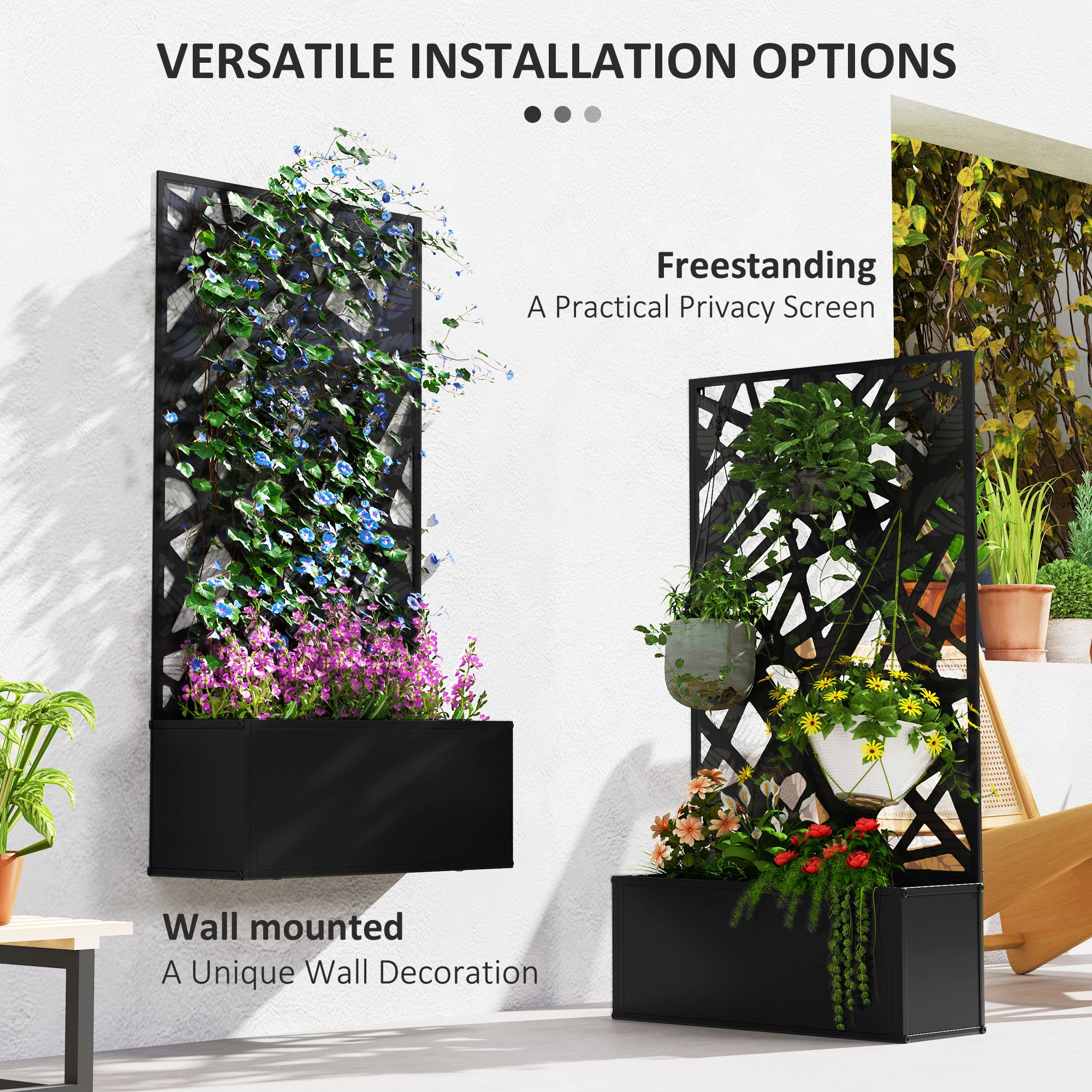 Metal Garden Bed with Trellis for Climbing Plants, Freestanding or Wall Mounted Flower Bed for Garden, Patio, Balcony