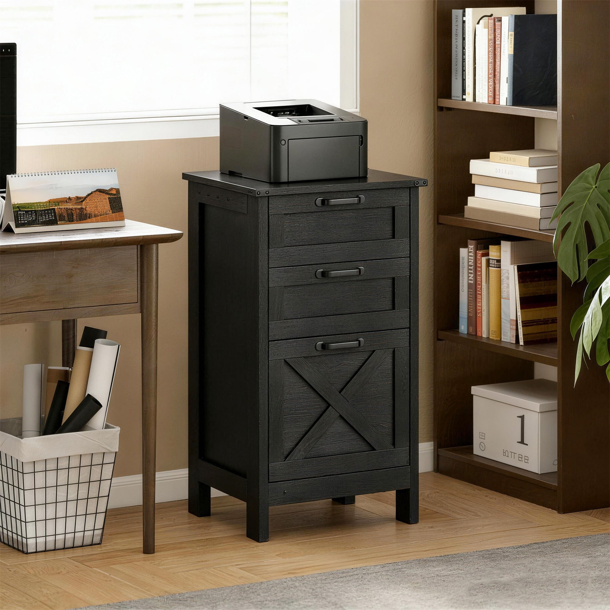 Vertical File Cabinet with 3 Drawers, Rustic Farmhouse Office Storage Cabinet for A4, Letter Size, Distressed Black