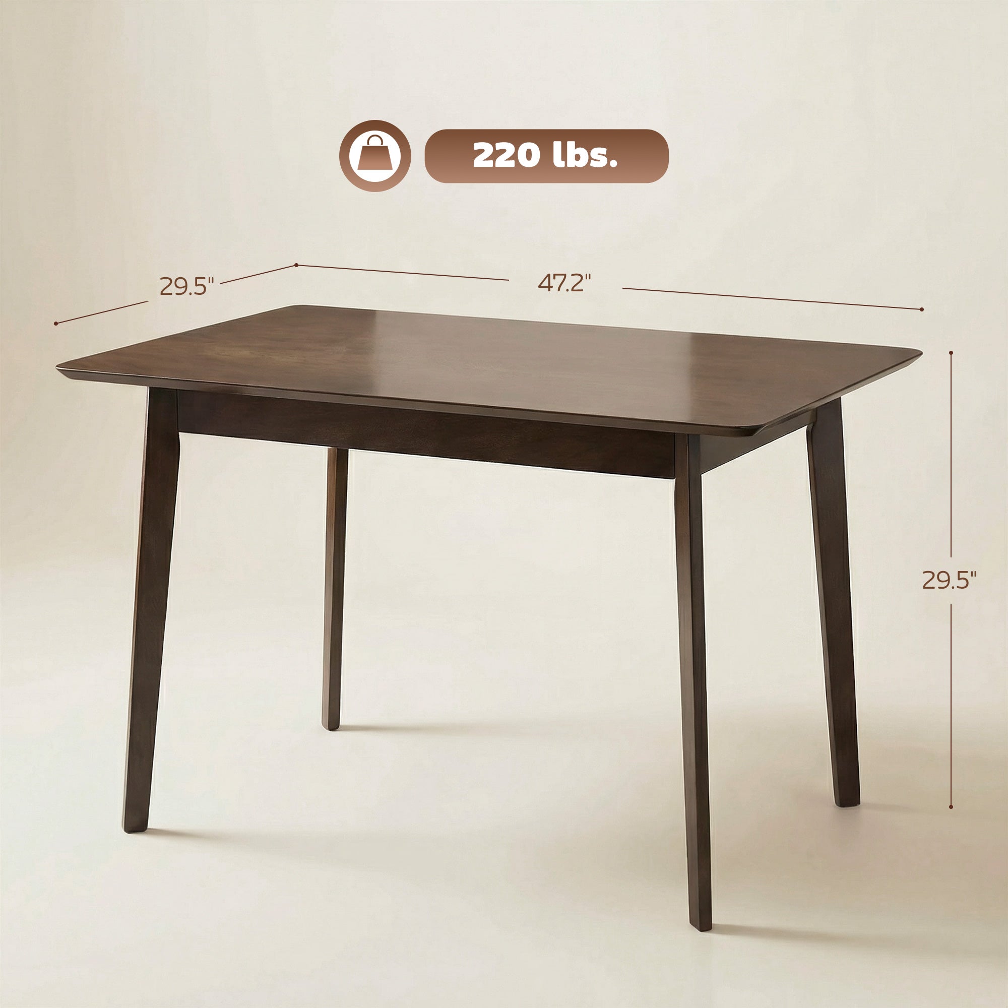 47.2" Rectangle Dining Table for 4, Mid-Century Modern Kitchen Table with Rubber Wood Frame for Dining Room, Mahogany