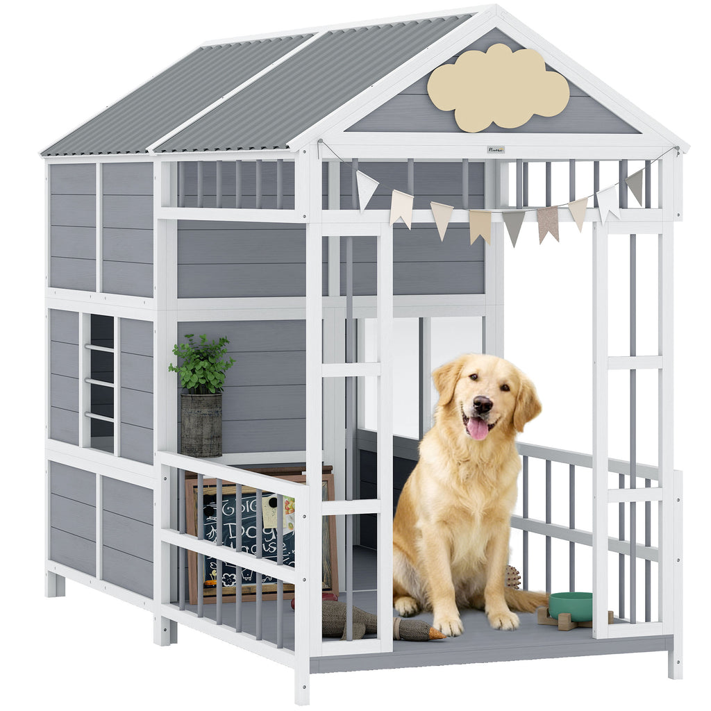 79"L Large Dog House Outdoor, Wooden Dog Kennel with Porch, Storage Cabinet,Weatherproof Roof, Windows