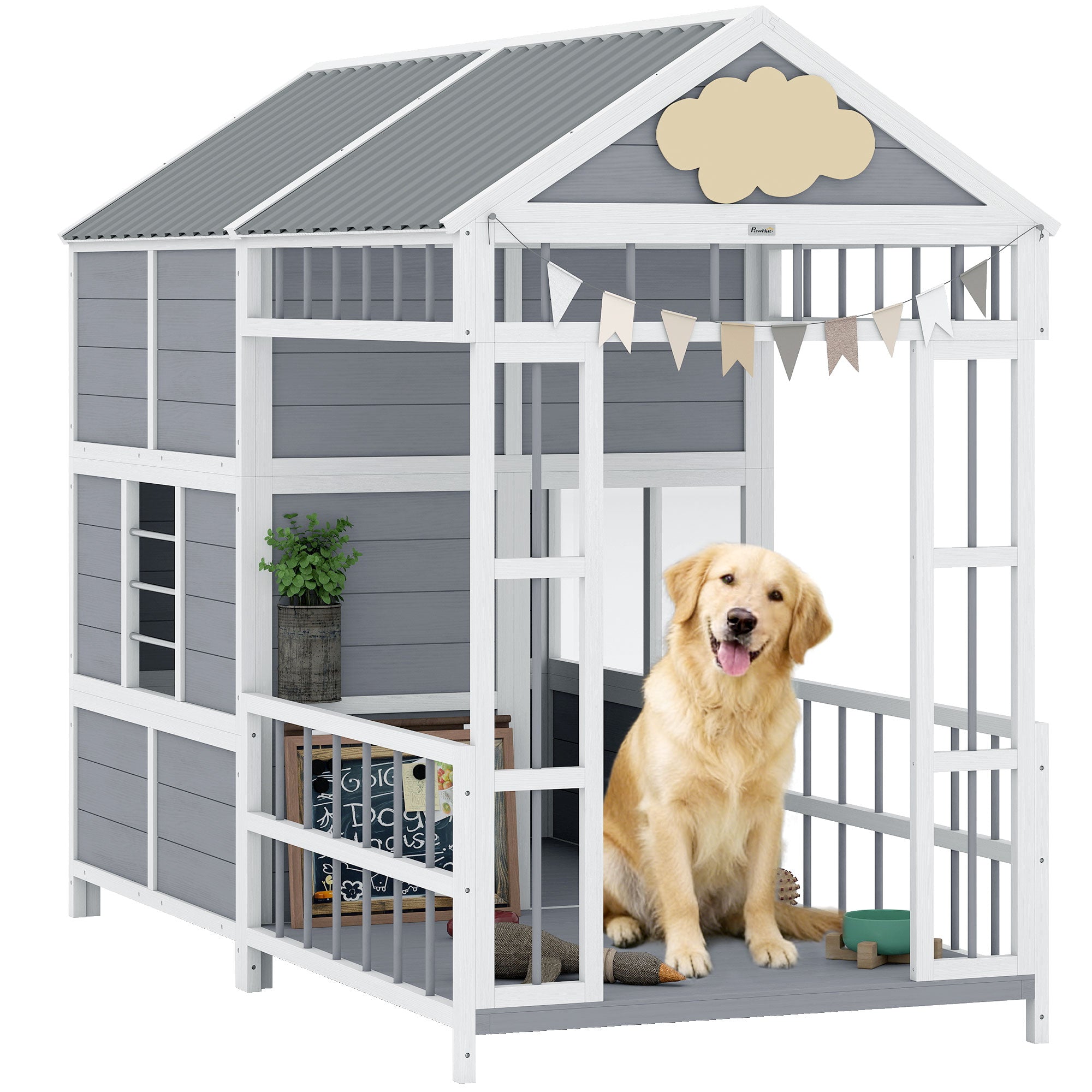 79"L Large Dog House Outdoor, Wooden Dog Kennel with Porch, Storage Cabinet,Weatherproof Roof, Windows