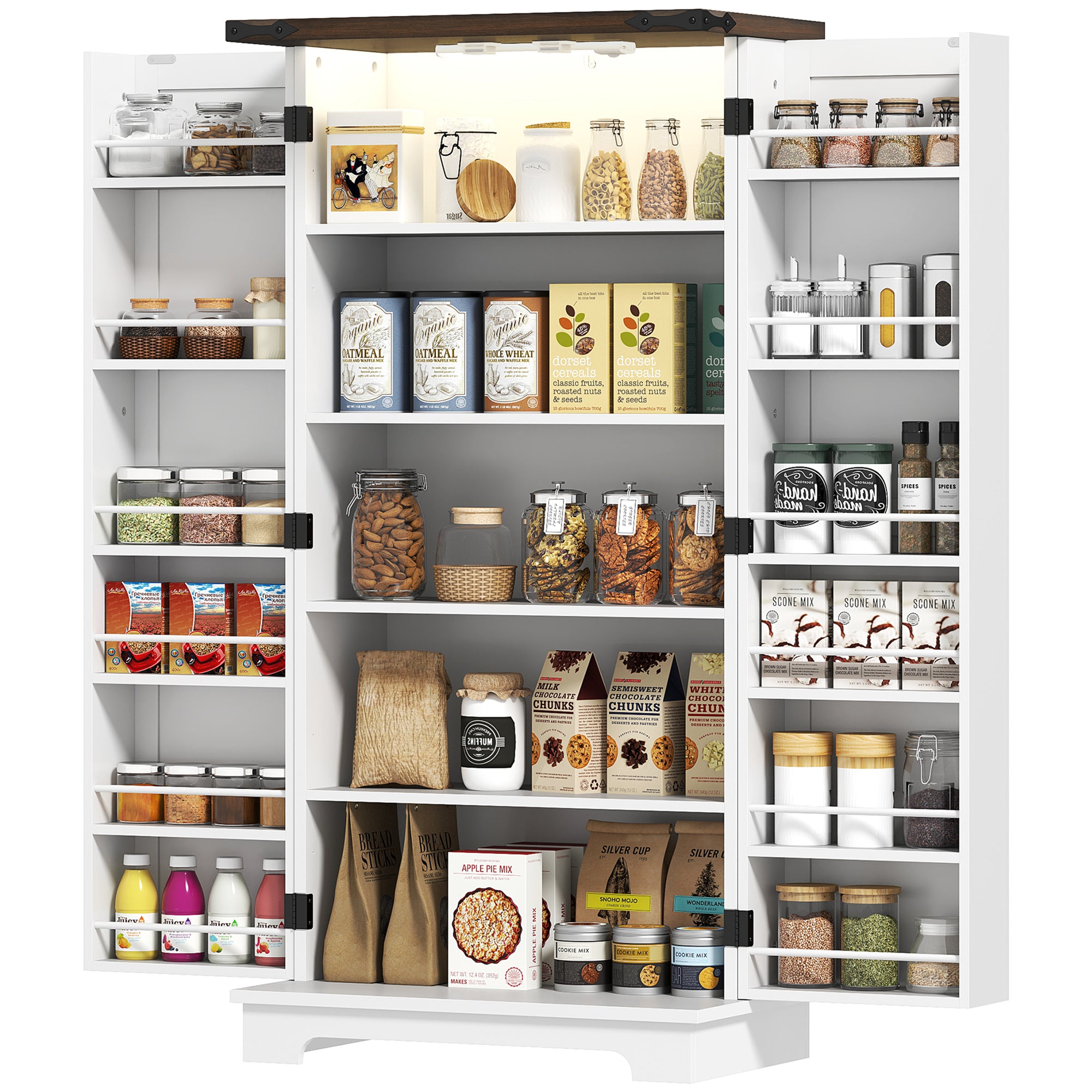 47" Kitchen Cabinet with Sensing LED Light, Kitchen Pantry Cabinet with Doors, Adjustable Shelves, Door Shelves, White