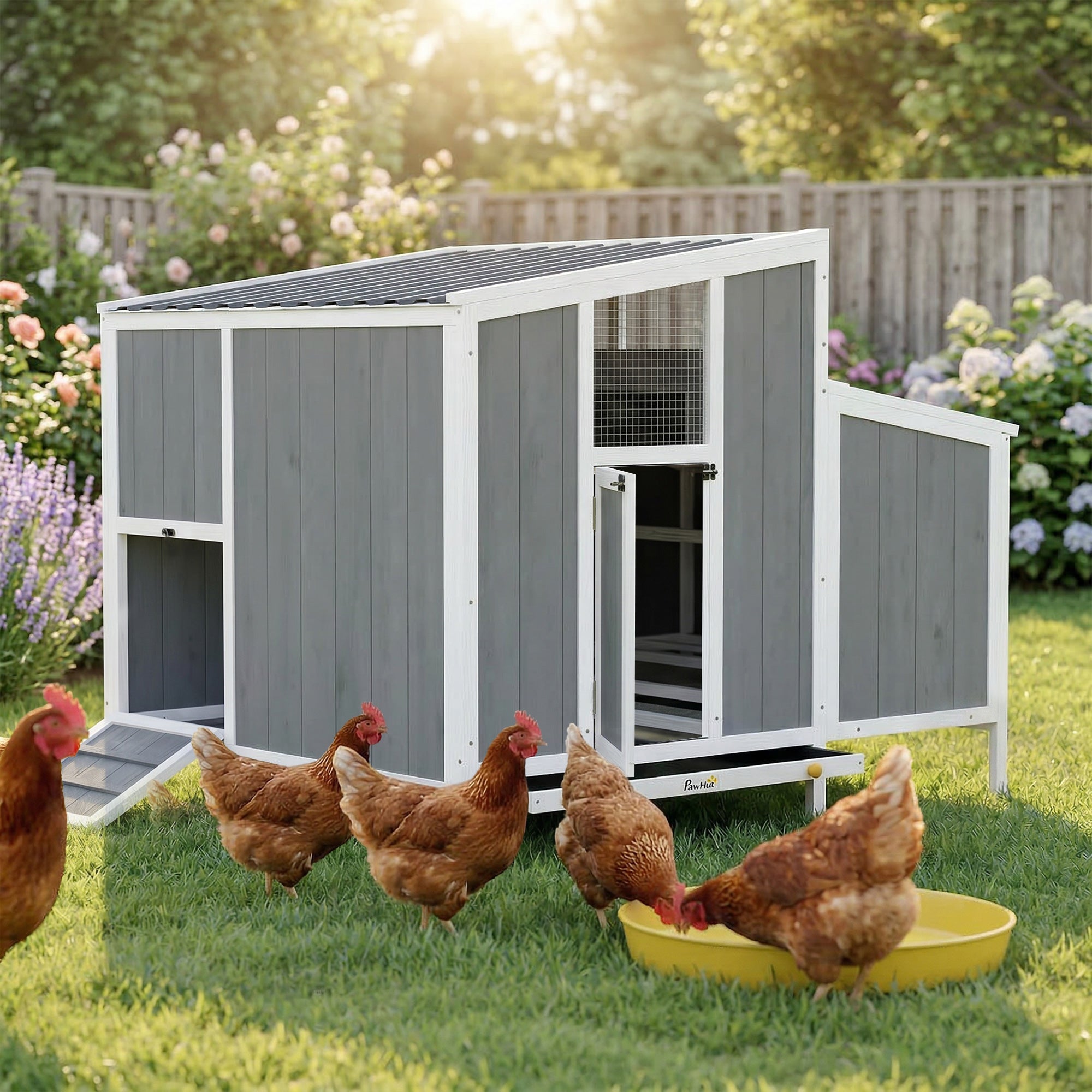 Chicken Coop, Wooden Chicken House for 4-6 Hens, Outdoor Hen House with Nesting Box, Pull-Out Tray and Weatherproof Roof