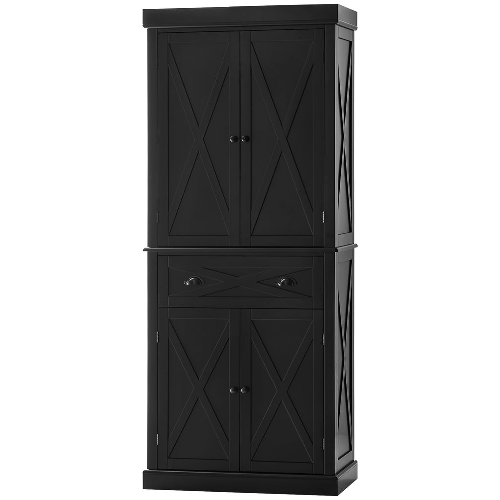72" Kitchen Pantry Storage Cabinet, Traditional Freestanding Pantry Cabinet with 4 Doors and 2 Adjustable Shelves, Large Central Drawer, X-Frame, Black