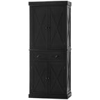 72" Kitchen Pantry Storage Cabinet, Traditional Freestanding Pantry Cabinet with 4 Doors and 2 Adjustable Shelves, Large Central Drawer, X-Frame, Black