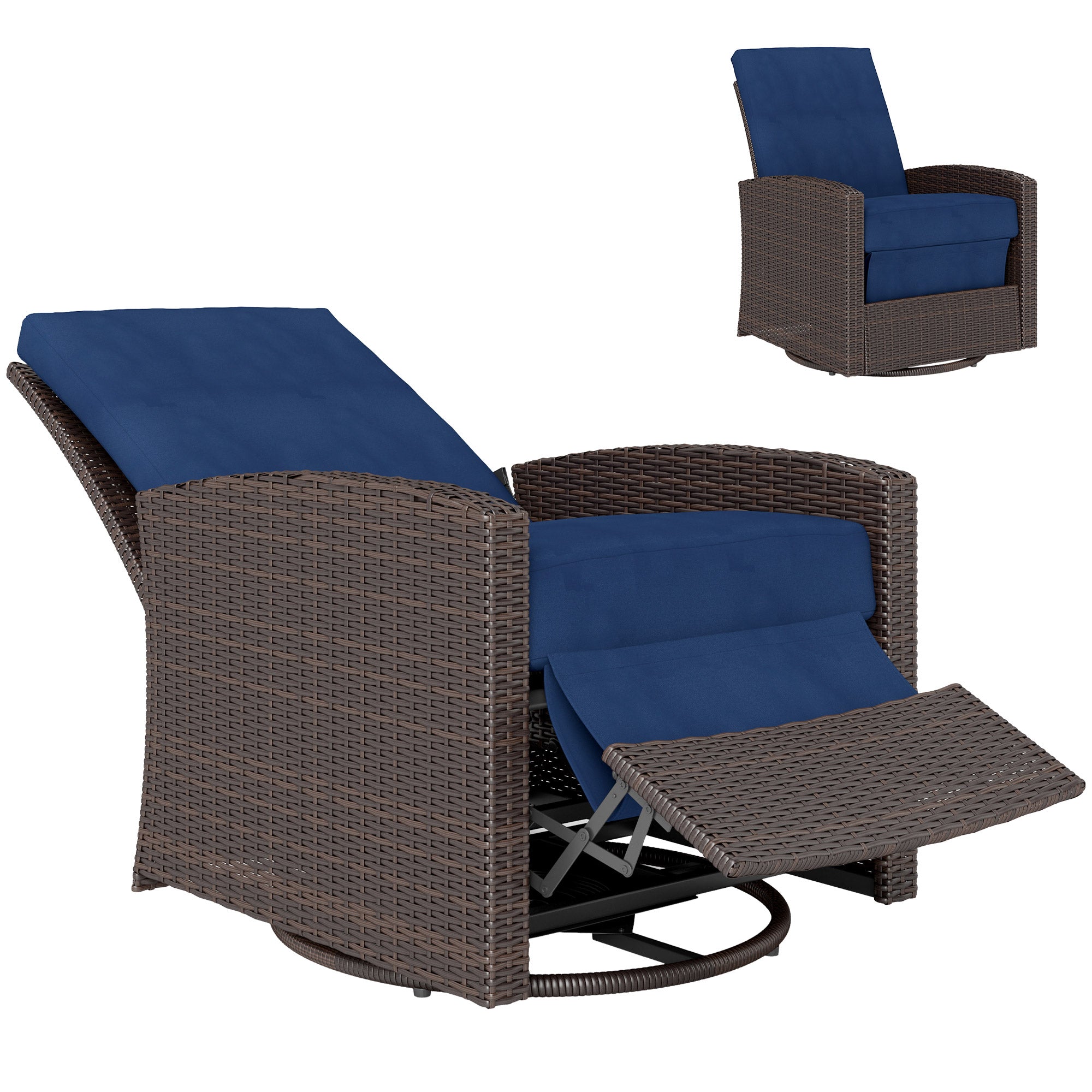 Outdoor Wicker Chair, Reclining Backrest, Lifting Footrest, 360° Rotating Basic, Water Resistant Cushions, Dark Blue