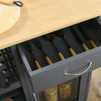 Rolling Kitchen Island with Storage, Kitchen Cart with 4-bottle Wine Rack, Bar Cart with Stemware Holder, Shelves, Drawer and Cabinet, Gray