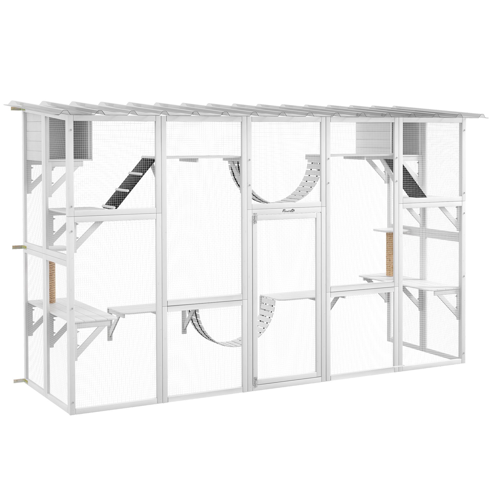 118" Large Outdoor Catio Cat Enclosure with Condos, Bridges & Posts, White