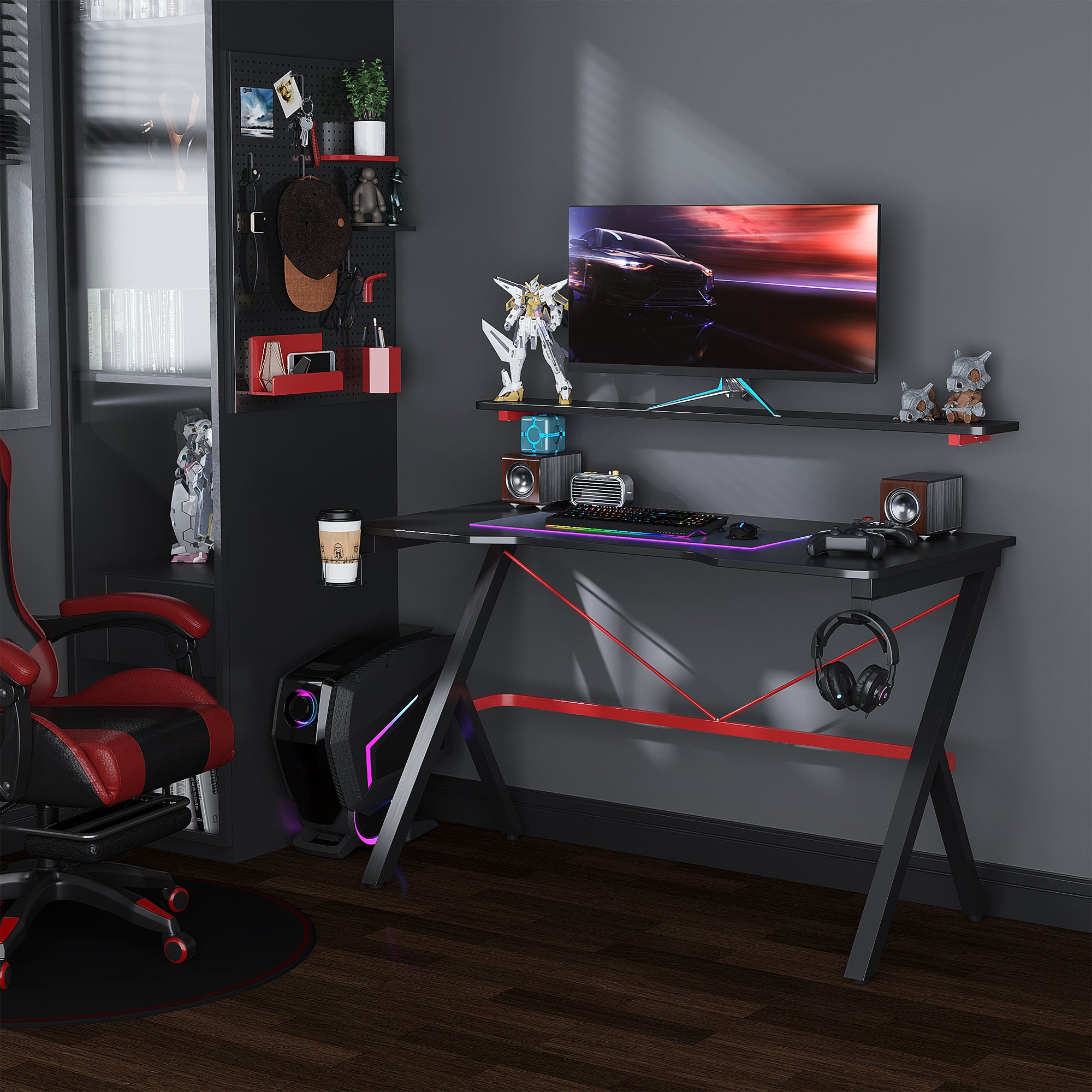 47 Inch Gaming Desk Racing Computer Desk Home Office Workstation with Elevated Monitor Shelf Rotatable Cup Holder Headphone Hook, Black