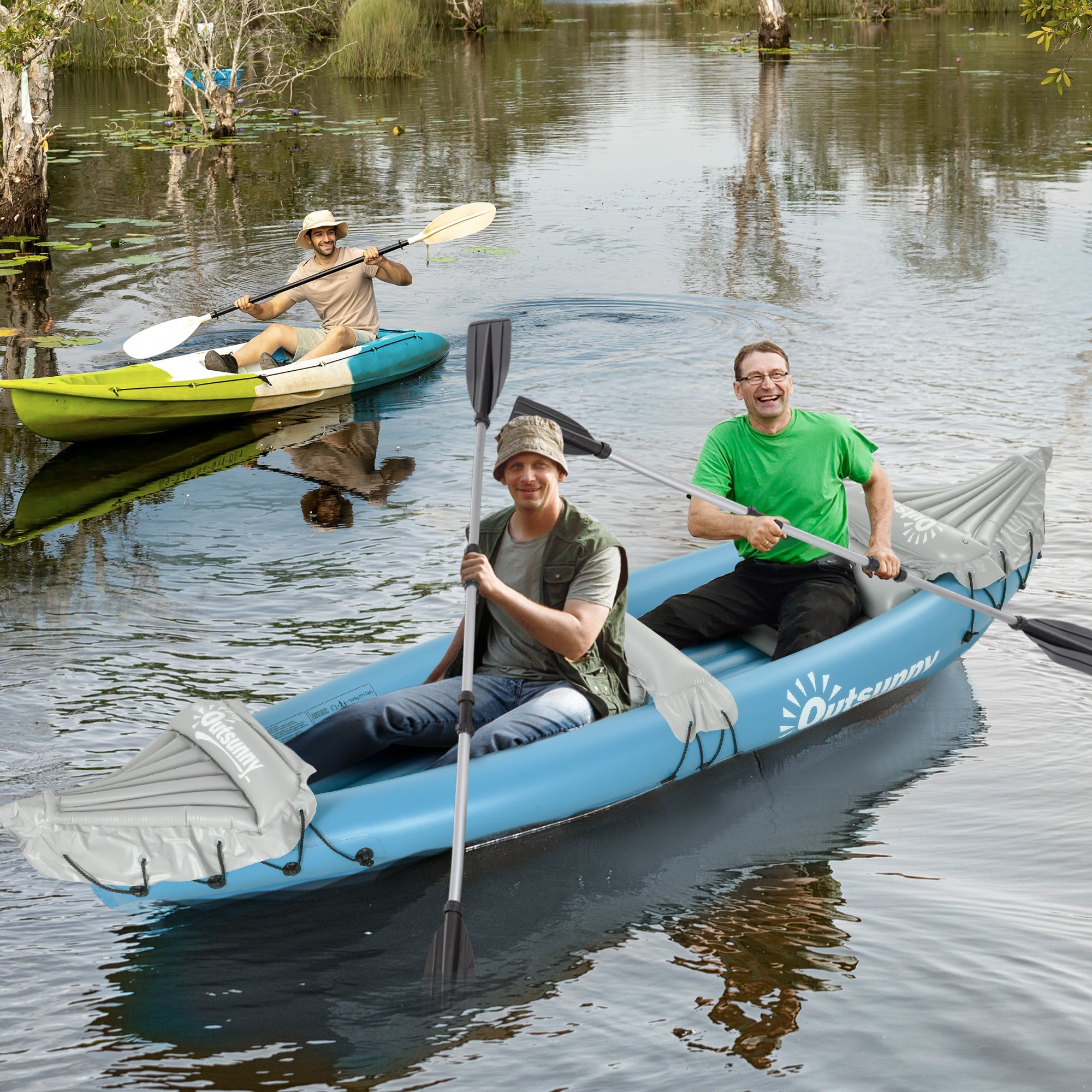 Kayak, 2 Person Inflatable Kayak, Includes Paddles, Aluminum Oars, Repair Kit, Portable Tandem Blow Up Boat, Blue