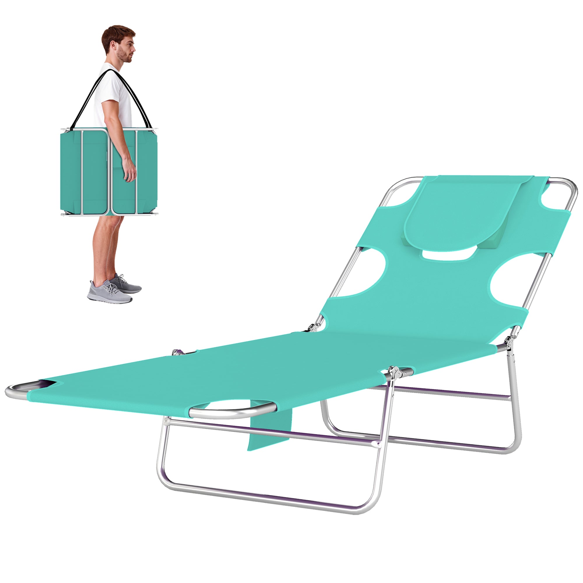 Tanning Chair with Face Hole, 5-Level Adjustable Outdoor Chaise Lounge Chair with Pillow for Beach, Pool, Light Green