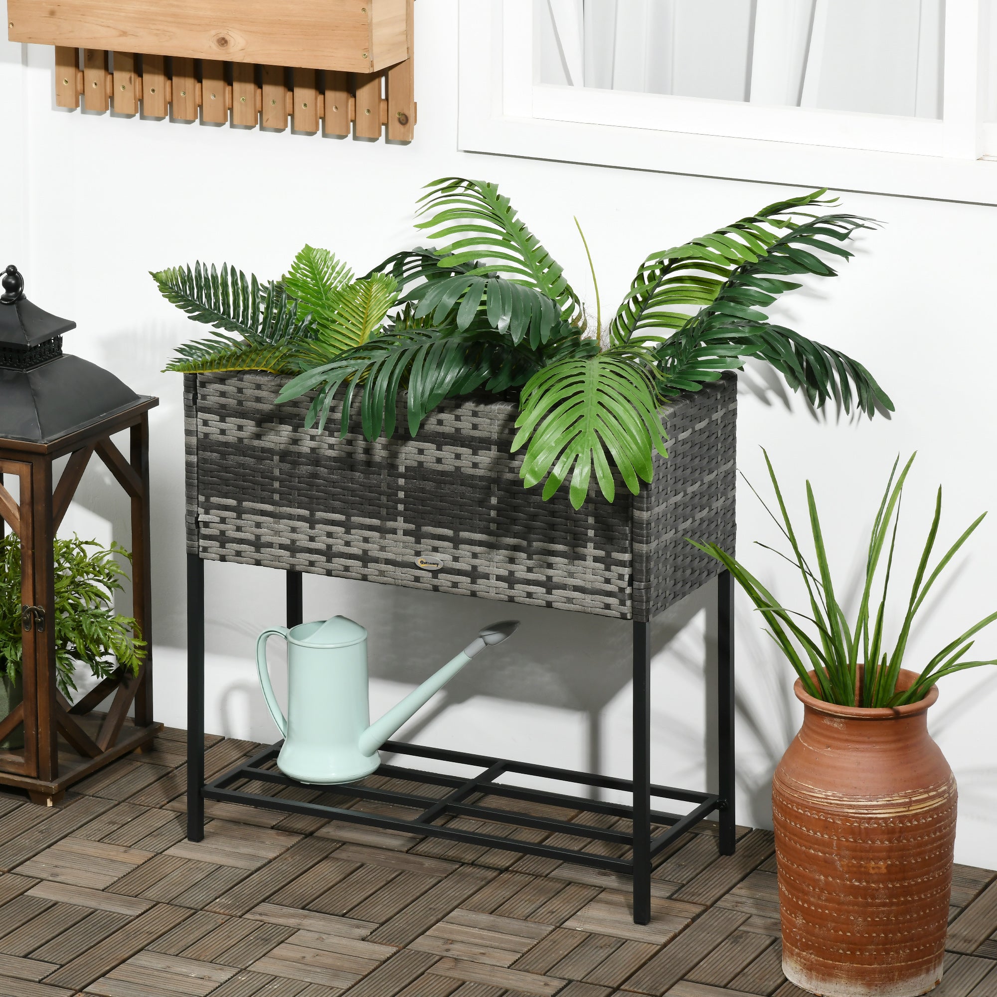 Raised Garden Bed, Elevated Planter Box with Rattan Wicker Look, Tool Storage Shelf, Portable Design for Herbs, Vegetables, Flowers, Gray