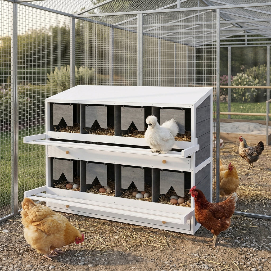Chicken Nesting Box, 8 Compartment Wood Laying Boxes for Chicken Coop with Egg Collection Trays Perches for 16-32 Hens