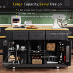 Kitchen Island with Internal Rack, Drop Leaf, Power Outlet, Rolling Cart with Adjustable Shelves and Drawers, 50" L x 29.5" W x 36.5" H, Black