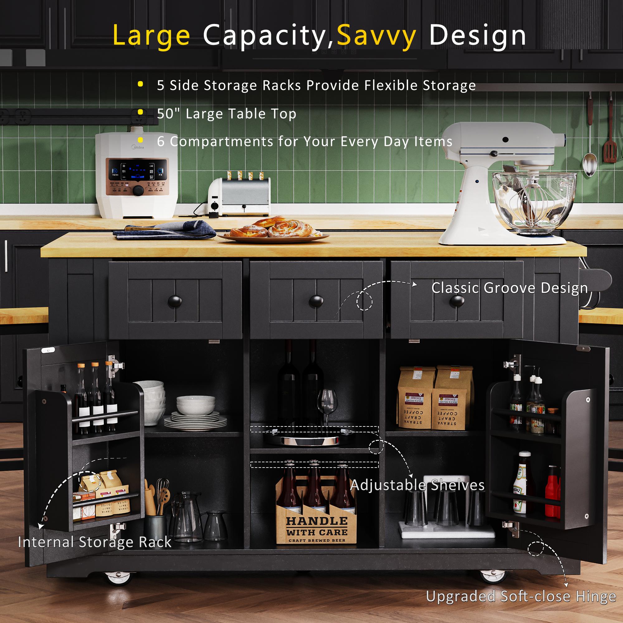 Kitchen Island with Internal Rack, Drop Leaf, Power Outlet, Rolling Cart with Adjustable Shelves and Drawers, 50" L x 29.5" W x 36.5" H, Black