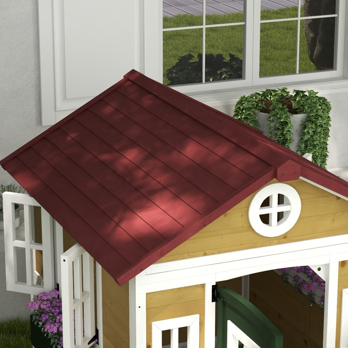Wooden Playhouse for Kids Outdoor with Doors, Windows, Planter Pots and Boxes for Toddlers 3-8 Years, Beige