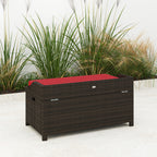 Outdoor Wicker Storage Bench with Storage & Cushion, Red
