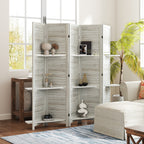 5 Panel 67" Tall Wood Privacy Screen Room Divider with 3 Shelves and Folding Storage for Bedroom, Distressed White