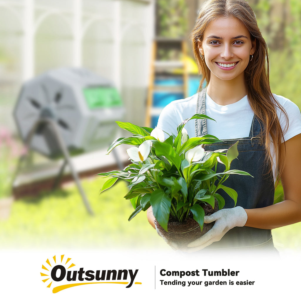 Tumbling Compost Bin Outdoor 360° Dual Chamber Rotating Composter 43 Gallon, Light Gray