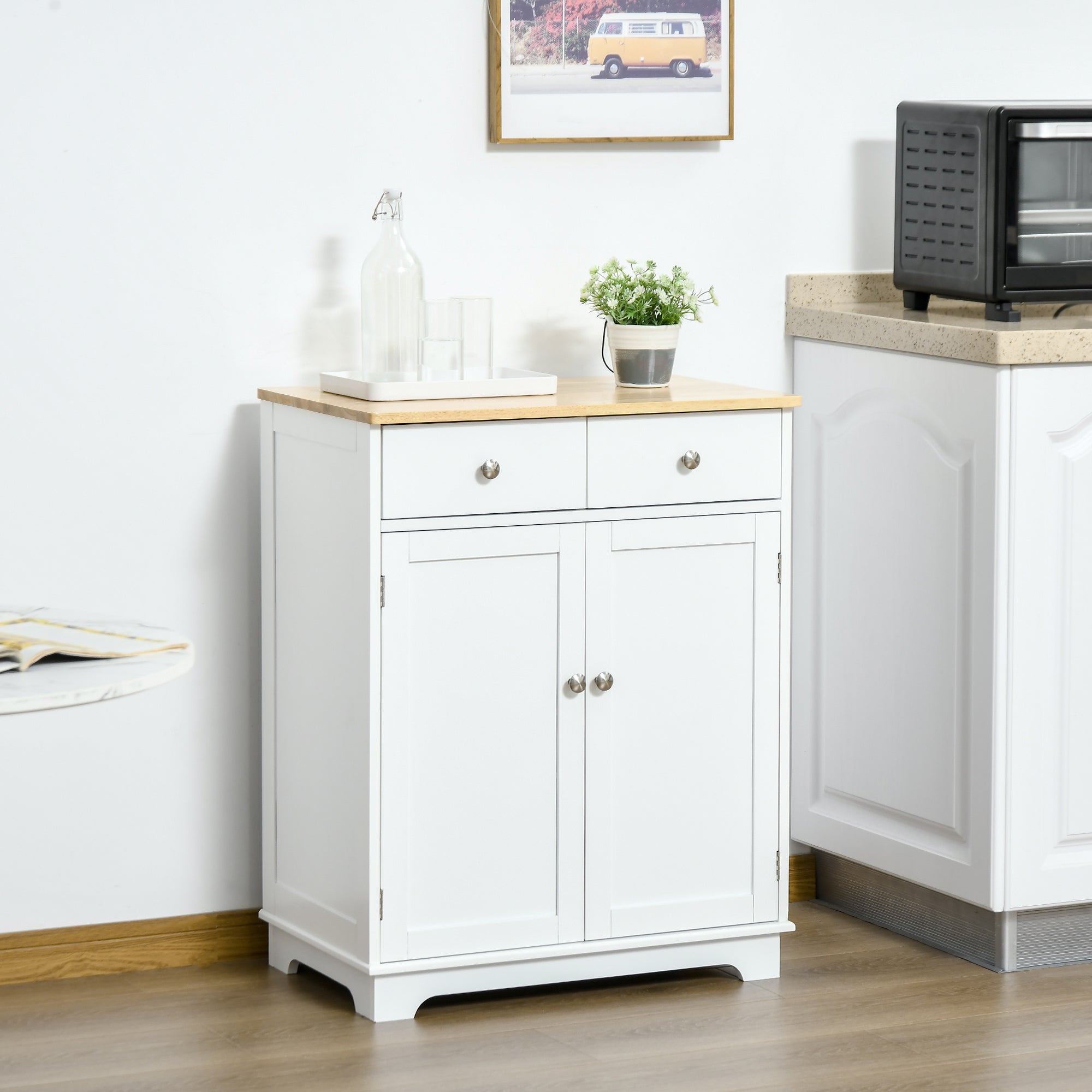 Kitchen Storage Cabinet, Sideboard Floor Cupboard with Solid Wood Top, Adjustable Shelf, and 2 Drawers for Living Room, and Hallway, White