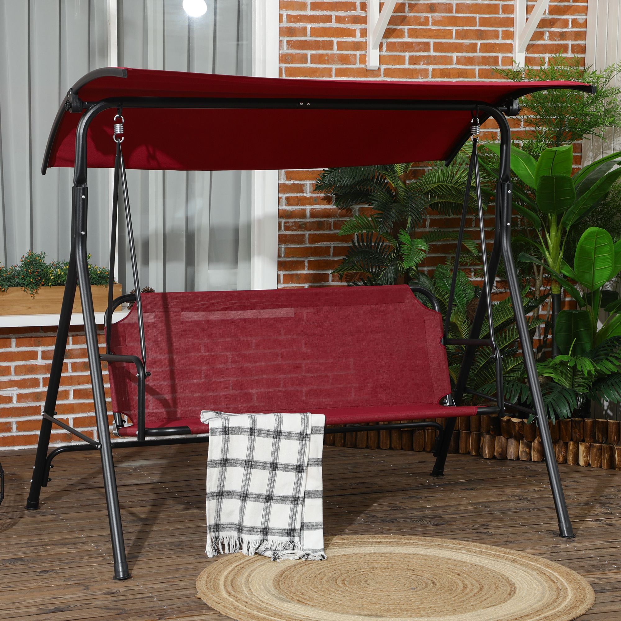 3-Person Porch Swing with Stand, Outdoor Swing for Patio Porch with Adjustable Tilt Canopy and Comfortable Swing Bench-Style Seat, Steel Frame, Wine Red