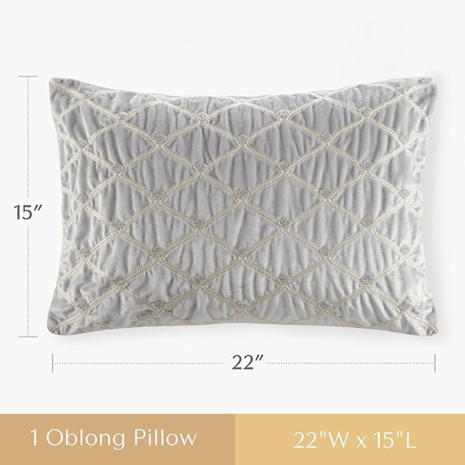 Luxurious Oblong Decor Pillow with Hand-Beaded Velvet Cover, Goose Feather Insert, Ideal for Living Room, Bedroom, 22" L x 15" W x 5" H, Silver