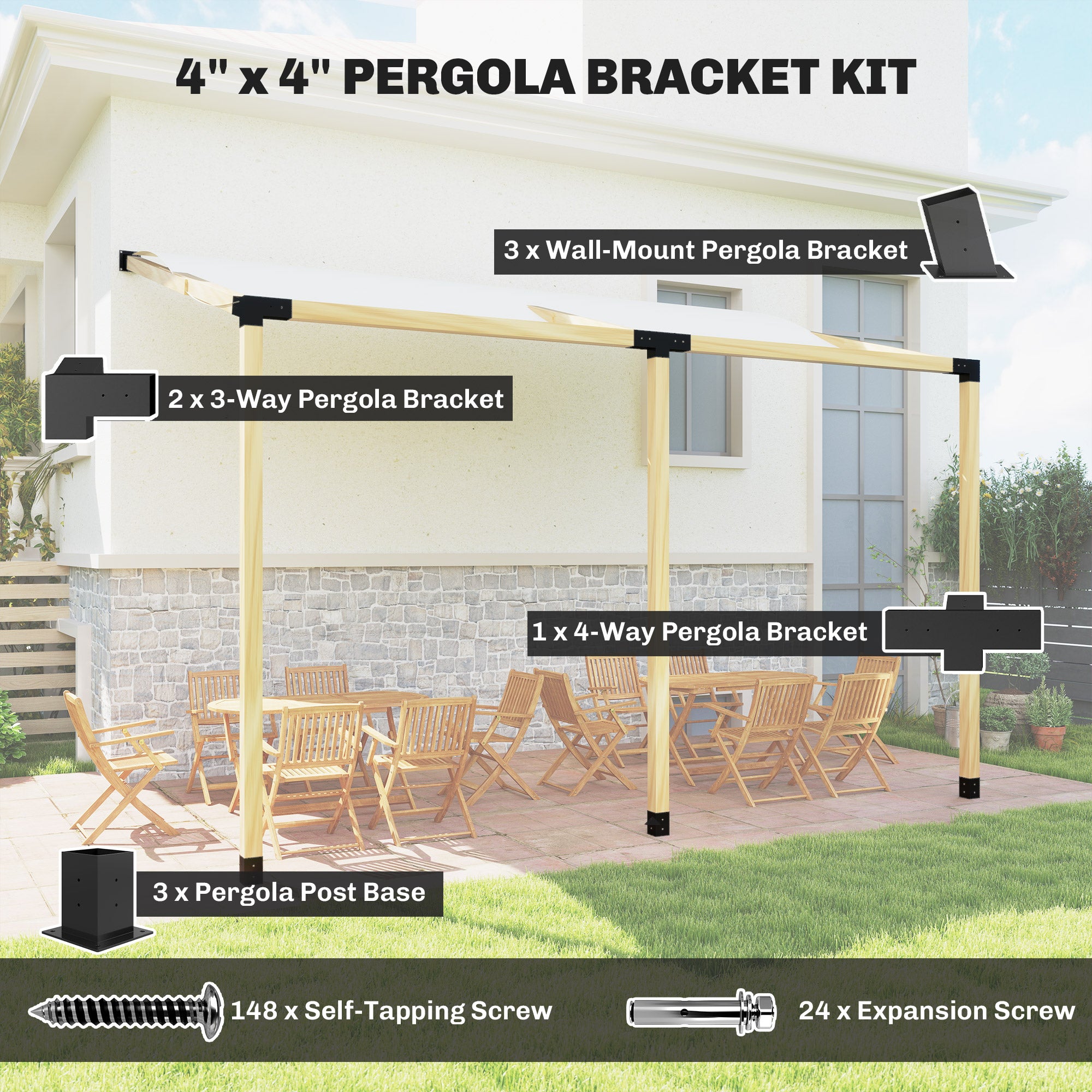 Pergola Kit, 15° Slanted Pergola Brackets w/ 4-Way/3-Way Brackets, Post Bases, Wall Mounts for 3.6" X 3.6" Lumber, Black