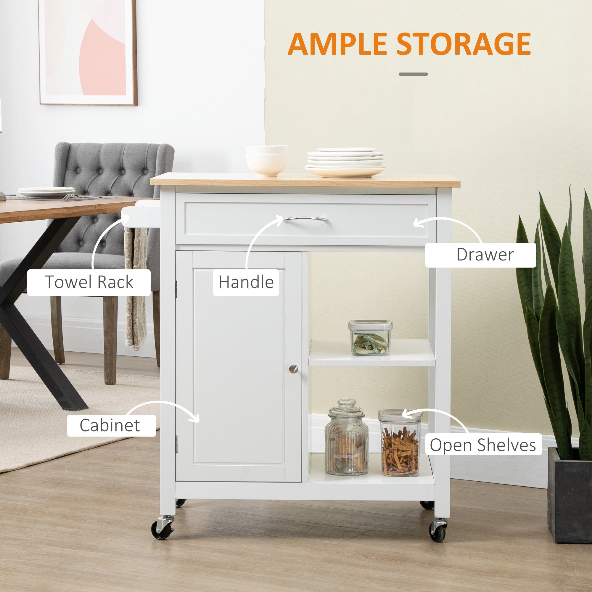Kitchen Island Cart, Rolling Kitchen Island with Storage Shelf, Solid Wood Top, Drawer, for Dining Room, White