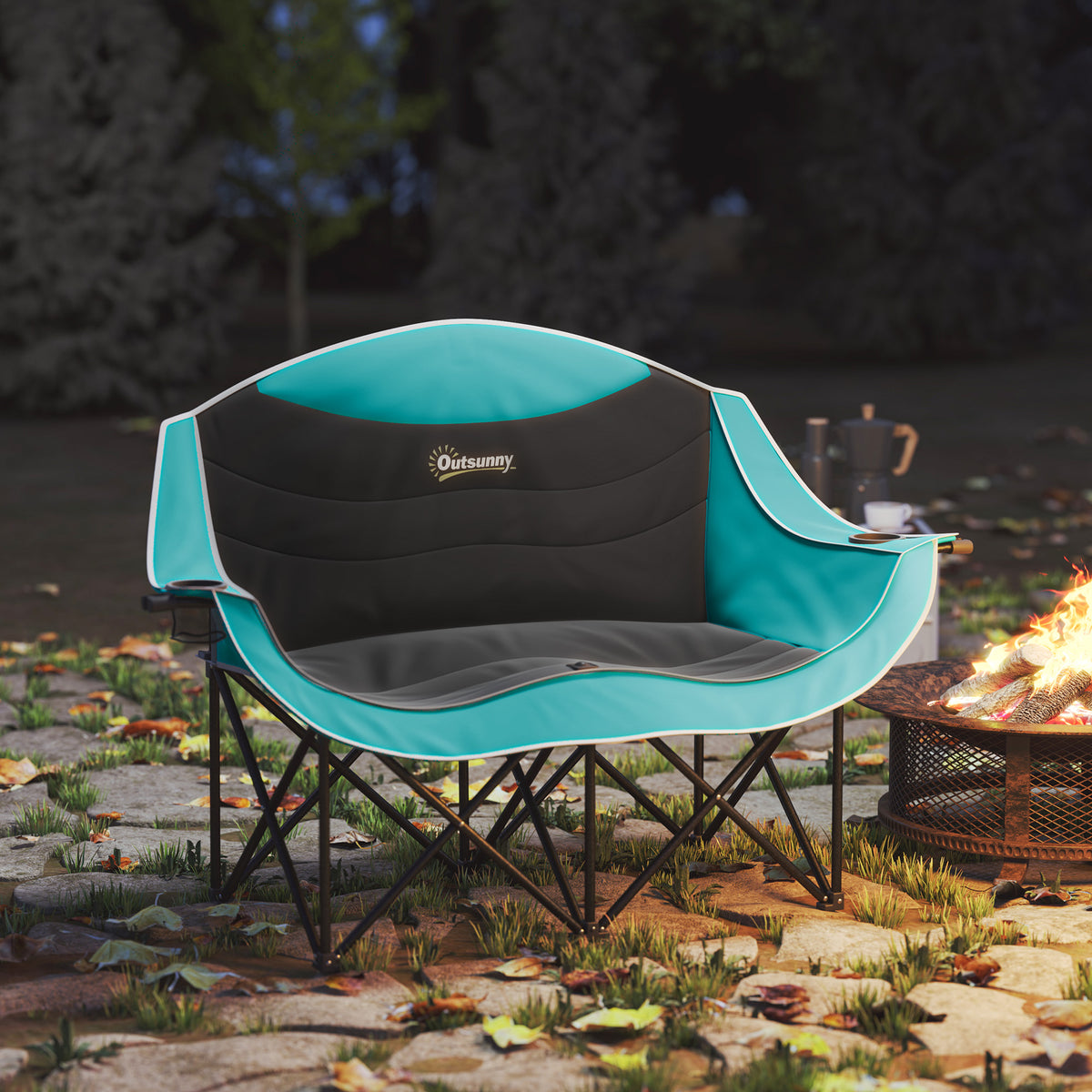Padded Folding Camp Chair for Adults, Double Camping Chair with Armrests, Cup Holders, Carry Bag for Outdoor, Green