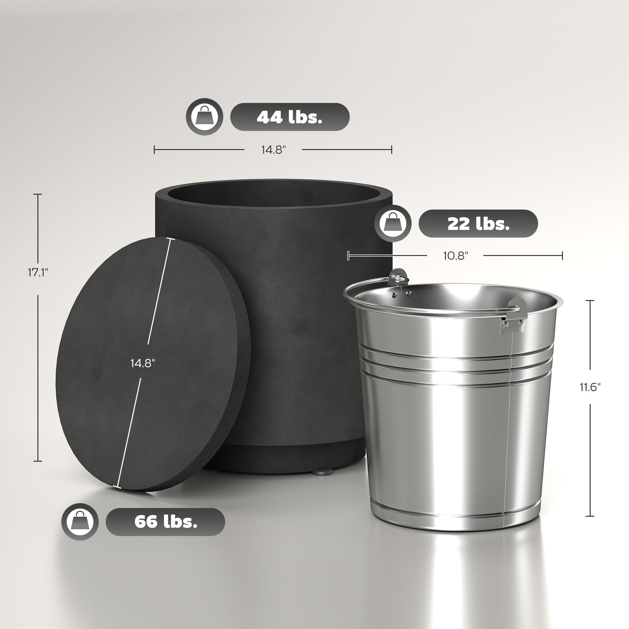 2.6 Gal Outdoor Side Table, 3-In-1 Concrete Cooler Bar Table with Storage, Removable Ice Bucket and Lid, Charcoal Gray