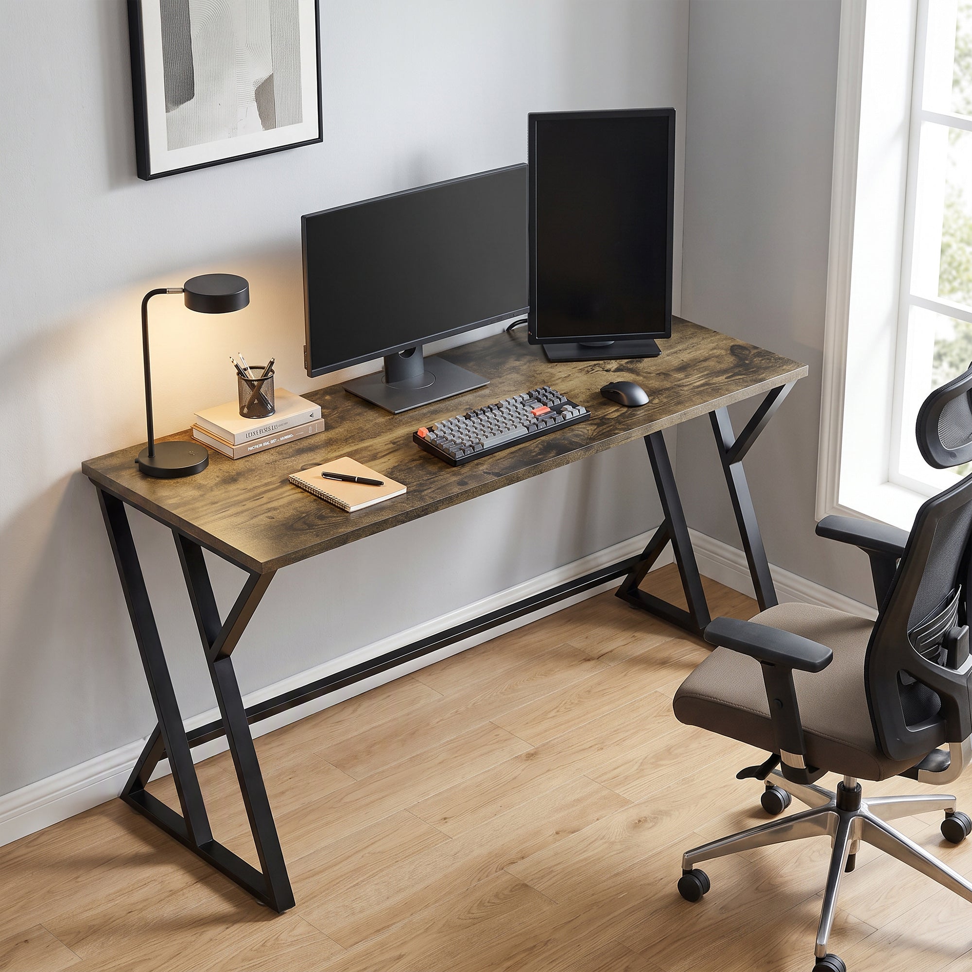 55 Inch Computer Desk, Industrial Writing Desk with Z-Shaped Metal Leg, Study Table for Home Office, Rustic Brown