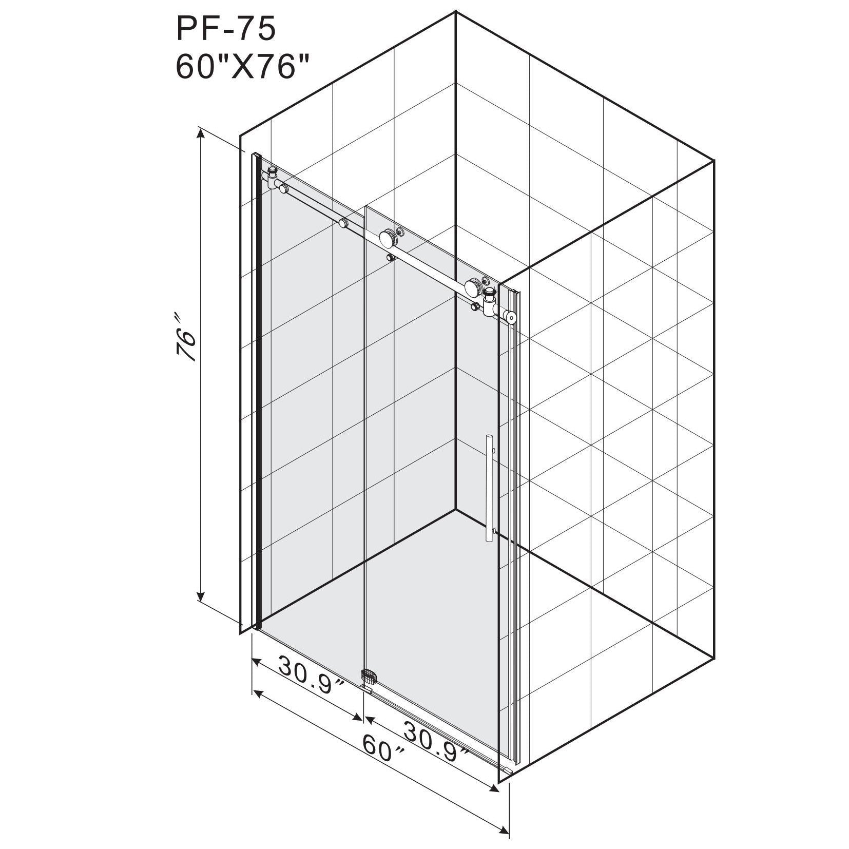 Frameless Shower Door with Stainless Steel Hardware, Support Bar, Bathroom Door with Waterproof Seals, 60" L x 0.5" W x 76" H, Brushed Nickel