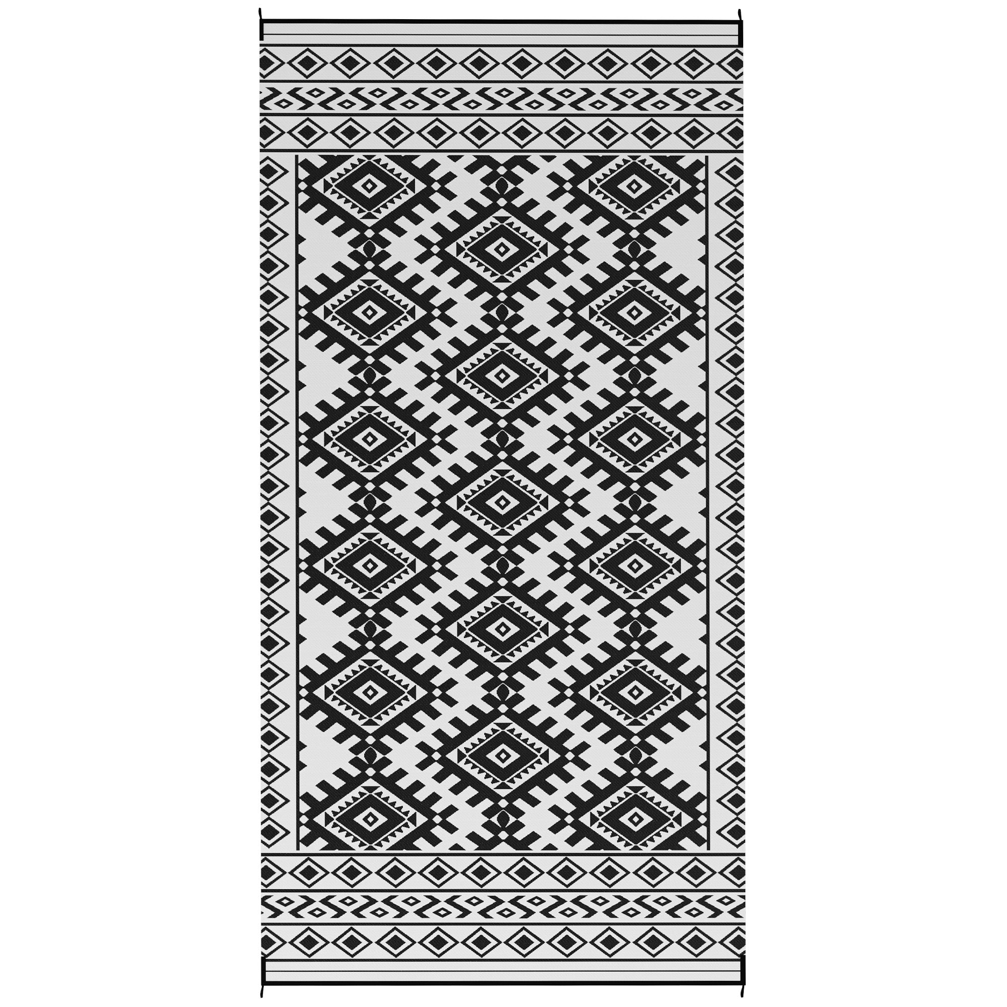 Reversible Outdoor Rug, Waterproof Plastic Straw with Carry Bag, 9' x 18', Black & White Rhombus Border