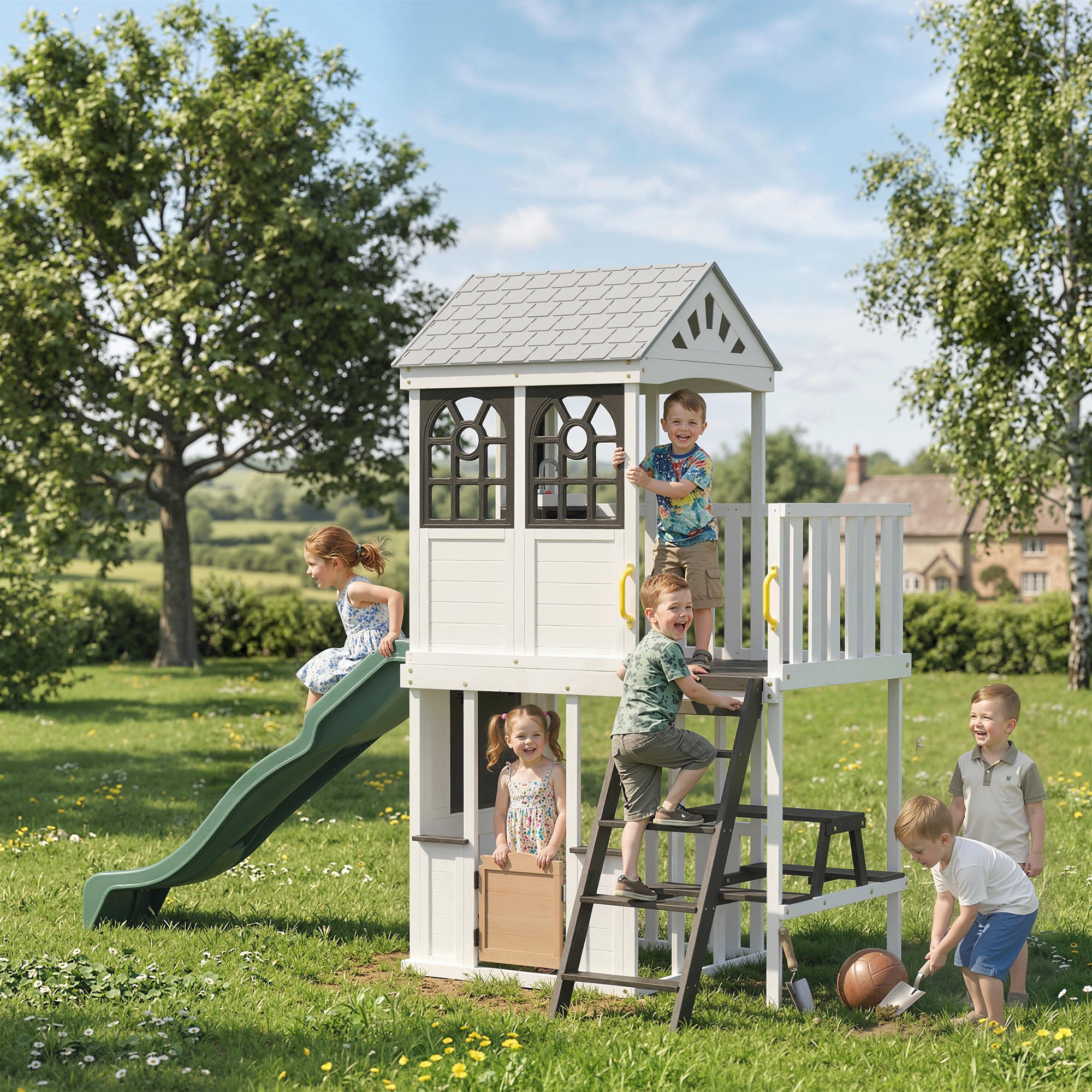 Two-Story Outdoor Playhouse, Wooden Kids Playhouse with Slide, Table & Bench, Play Kitchen, Ladder, Blackboard, White